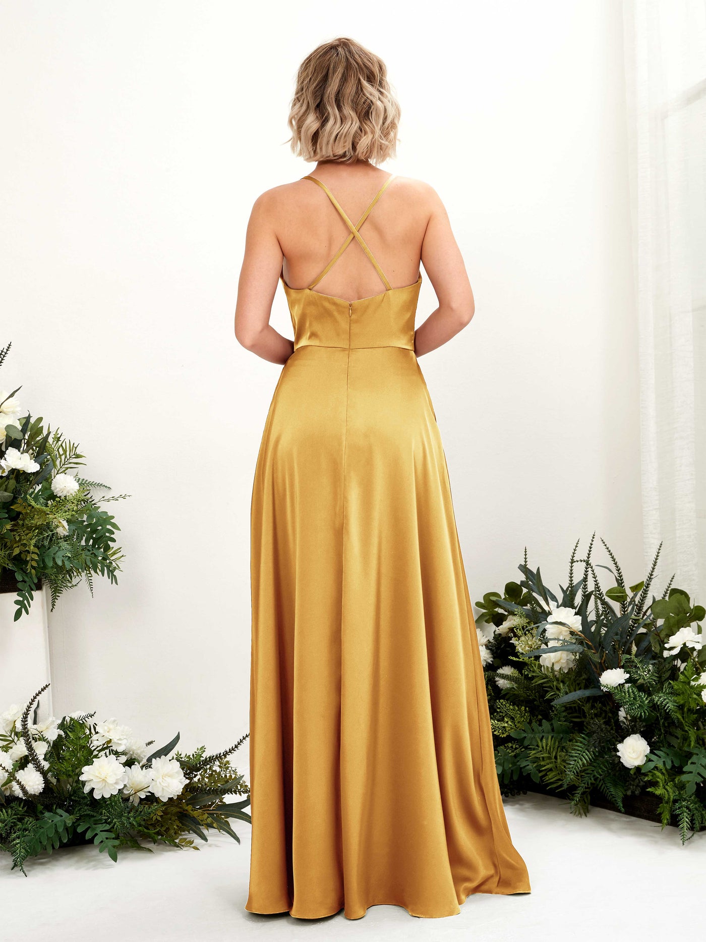 Carlyna A-Linien-Kleid Wasserfallausschnitt Bodenlang Brautjungfernkleid Kanariengelb #farbe_kanariengelb