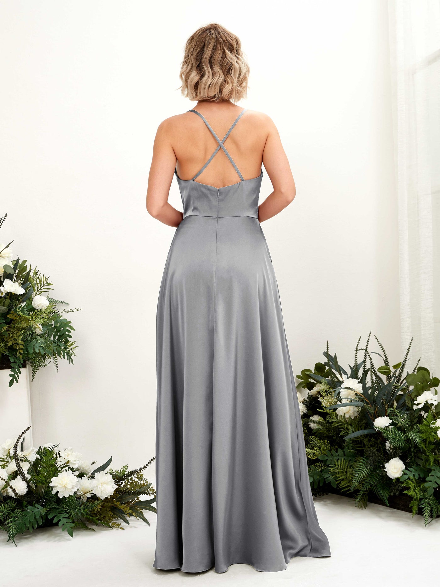 Carlyna A-Linien-Kleid Wasserfallausschnitt Bodenlang Brautjungfernkleid Stahlgrau #farbe_stahlgrau