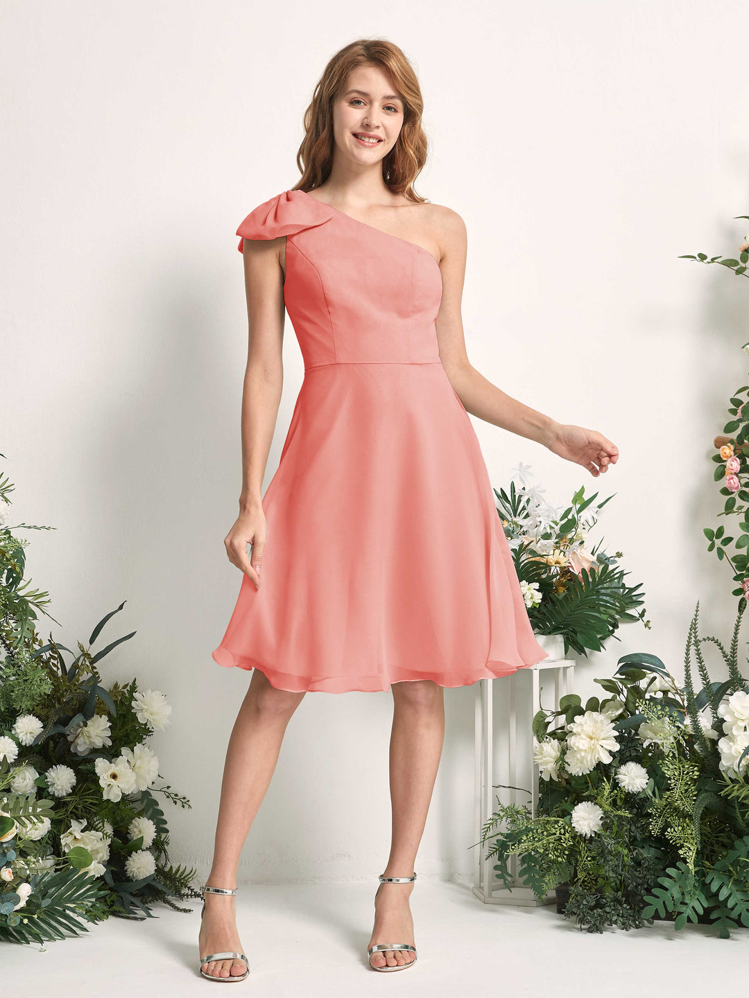 Carlyna A-Linien One-Shoulder Skater Brautjungfernkleider Pfirsichrosa 