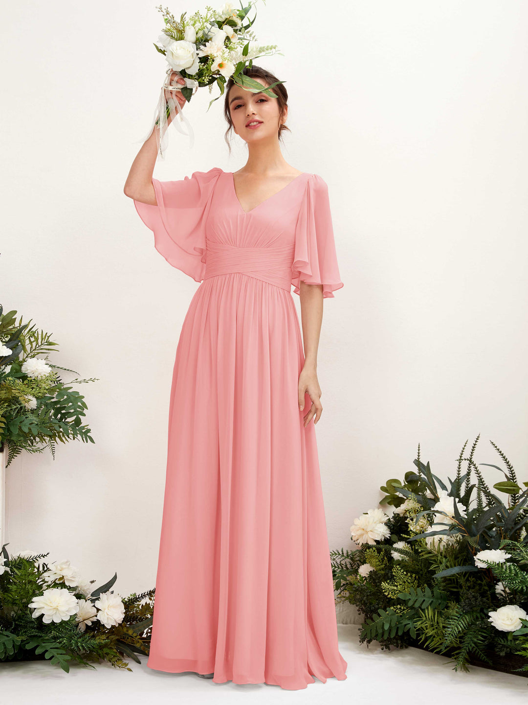 Carlyna A-Linien V-Ausschnitt Kurzarm Bodenlanges Chiffonkleid Ballettrosa 