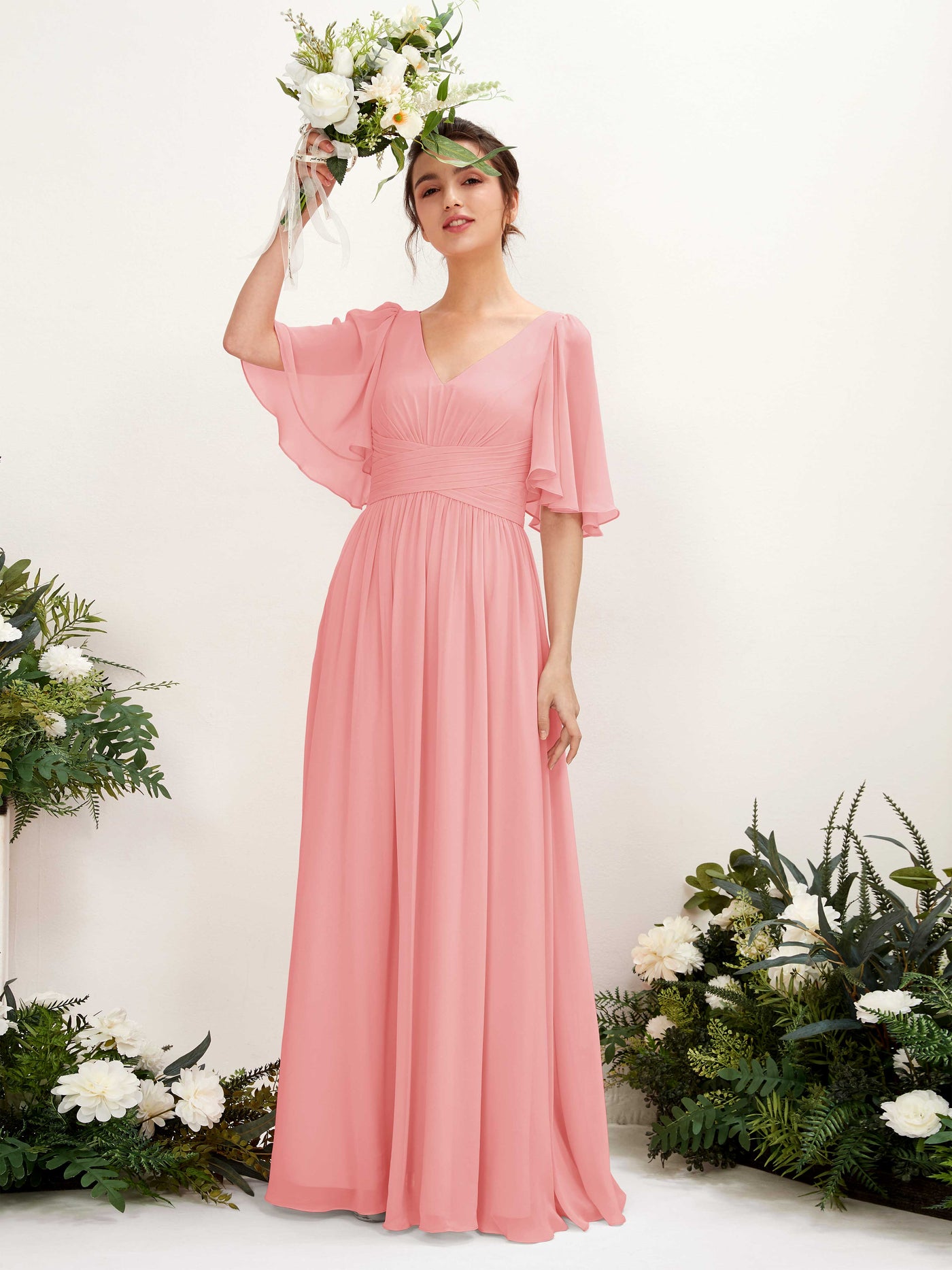 Carlyna A-Linien V-Ausschnitt Kurzarm Bodenlanges Chiffonkleid Ballettrosa #farbe_ballettrosa