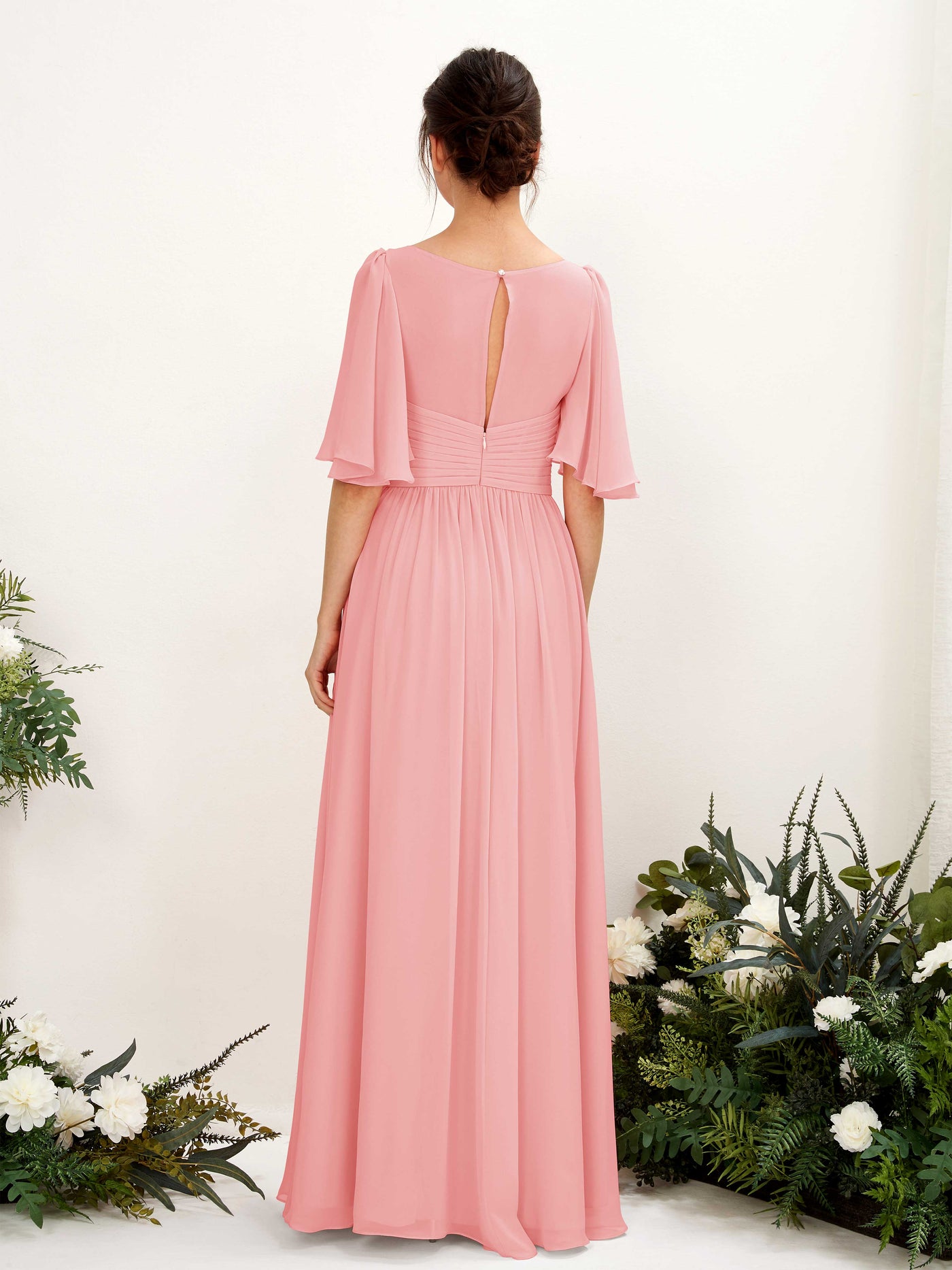 Carlyna A-Linien V-Ausschnitt Kurzarm Bodenlanges Chiffonkleid Ballettrosa #farbe_ballettrosa