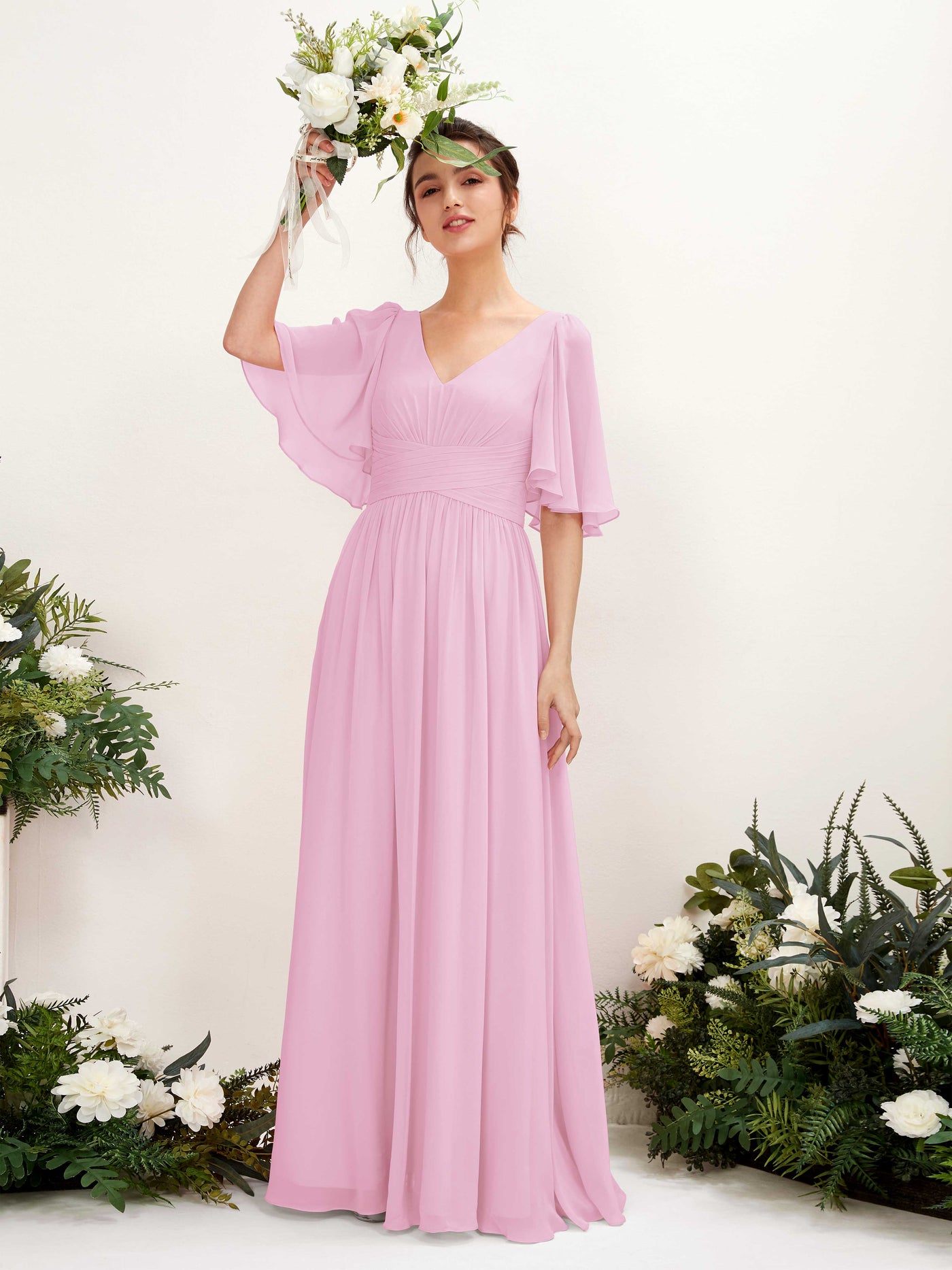 Carlyna A-Linien V-Ausschnitt Kurzarm Bodenlanges Chiffonkleid Bonbonrosa #farbe_bonbonrosa