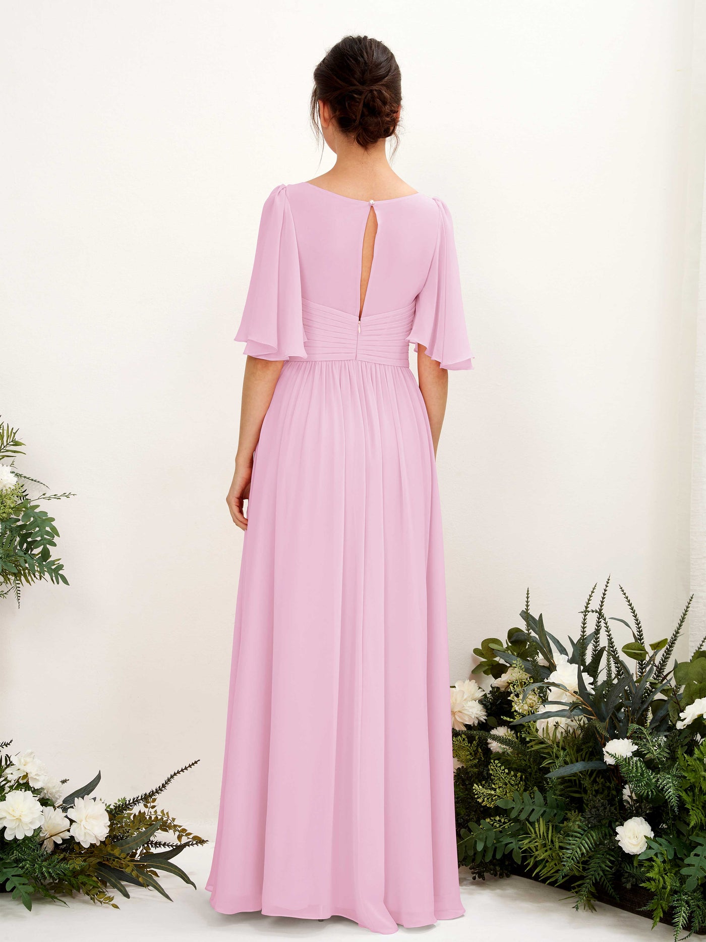 Carlyna A-Linien V-Ausschnitt Kurzarm Bodenlanges Chiffonkleid Bonbonrosa #farbe_bonbonrosa