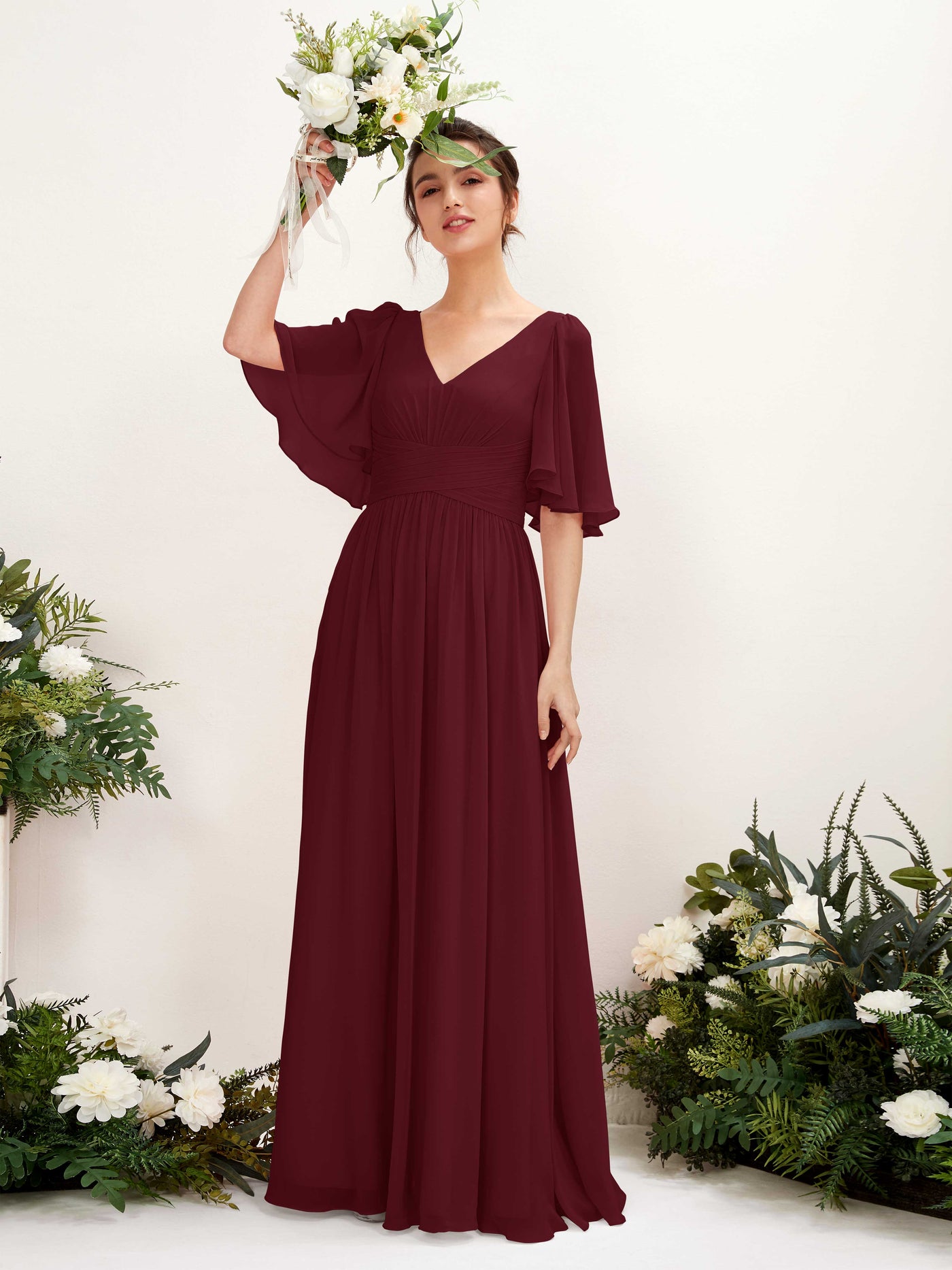 Carlyna A-Linien V-Ausschnitt Kurzarm Bodenlanges Chiffonkleid Burgunderrot #farbe_burgunderrot