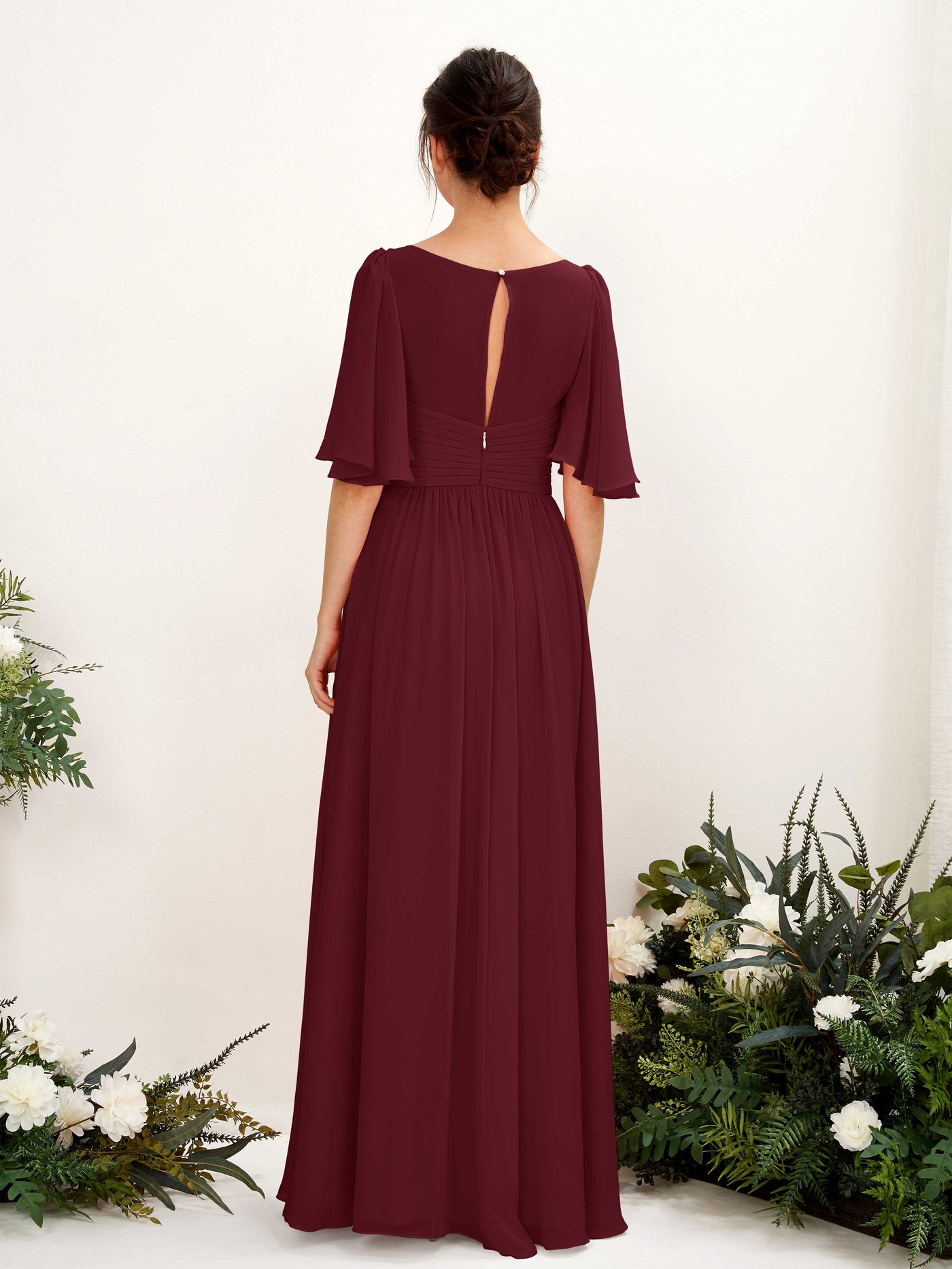 Carlyna A-Linien V-Ausschnitt Kurzarm Bodenlanges Chiffonkleid Burgunderrot #farbe_burgunderrot