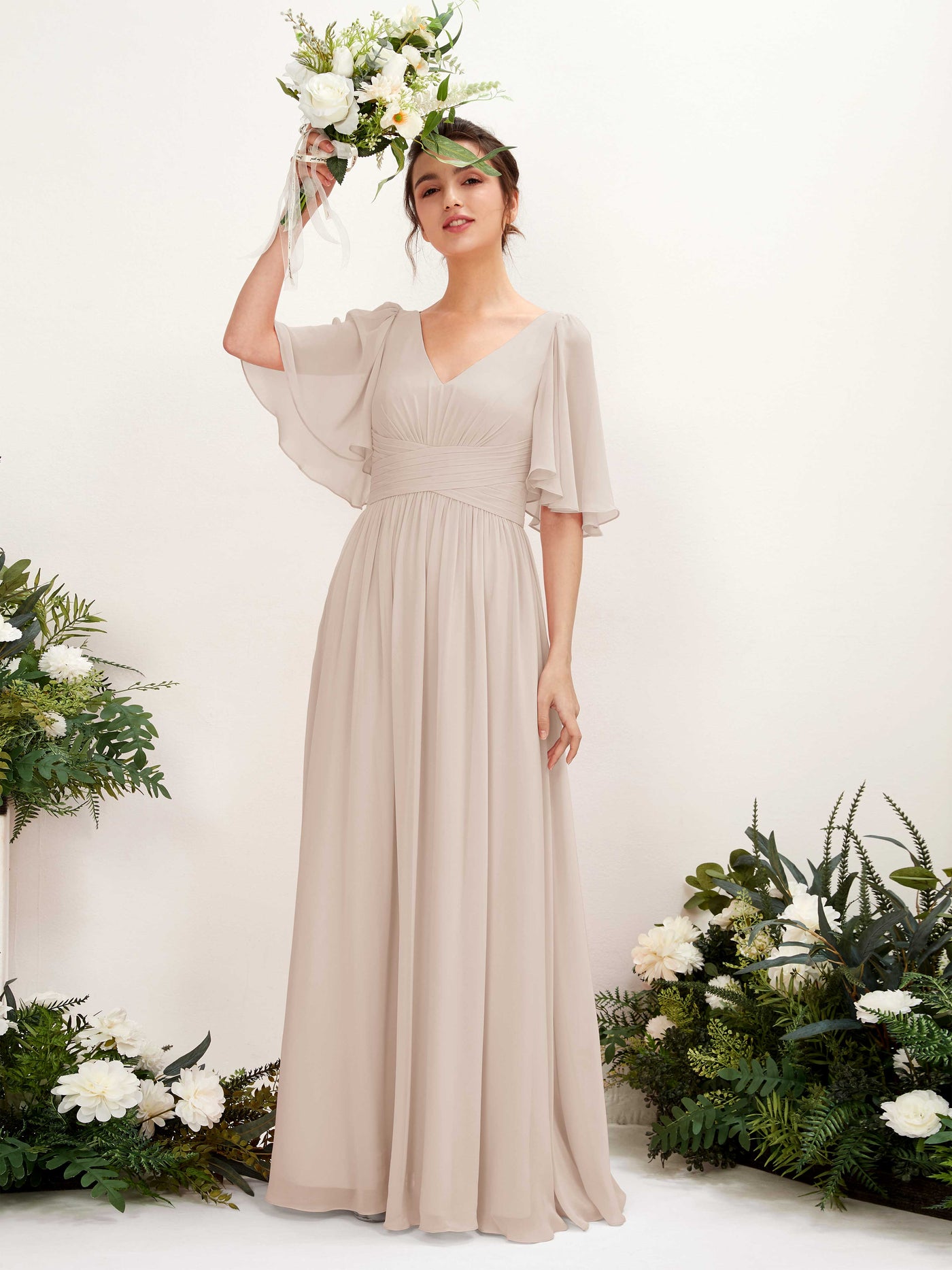 Carlyna A-Linien V-Ausschnitt Kurzarm Bodenlanges Chiffonkleid Champagner #farbe_champagner