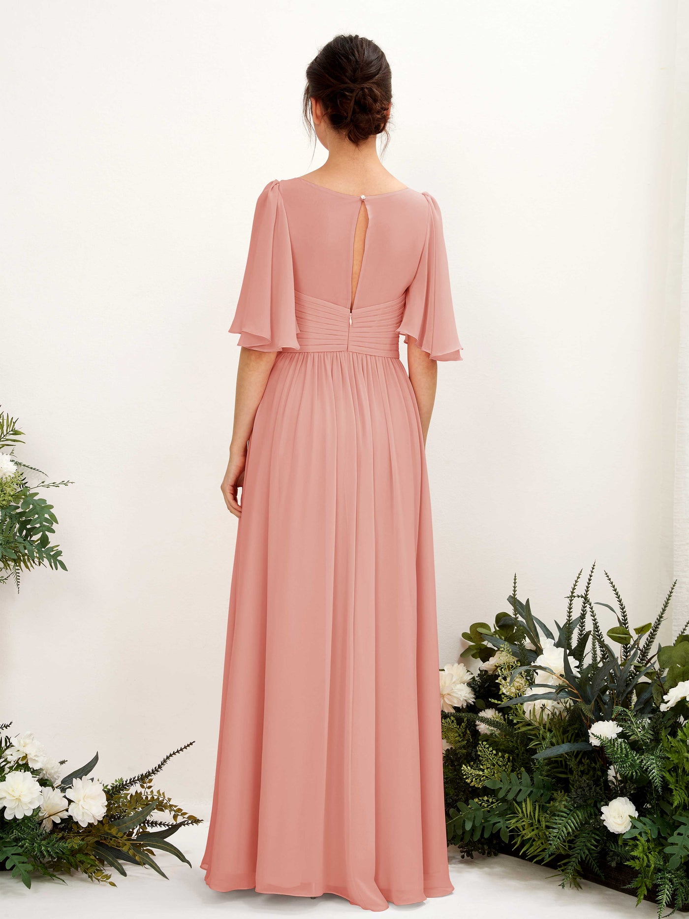 Carlyna A-Linien V-Ausschnitt Kurzarm Bodenlanges Chiffonkleid Champagner-Rose #farbe_champagner-rose