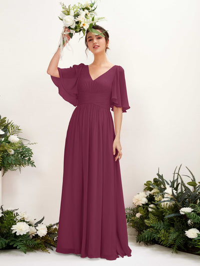 Carlyna A-Linien V-Ausschnitt Kurzarm Bodenlanges Chiffonkleid Chianti #farbe_chianti