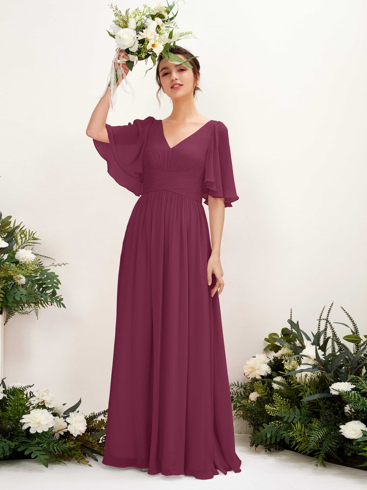 Carlyna A-Linien V-Ausschnitt Kurzarm Bodenlanges Chiffonkleid Chianti 