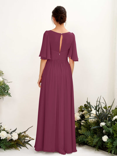 Carlyna A-Linien V-Ausschnitt Kurzarm Bodenlanges Chiffonkleid Chianti #farbe_chianti