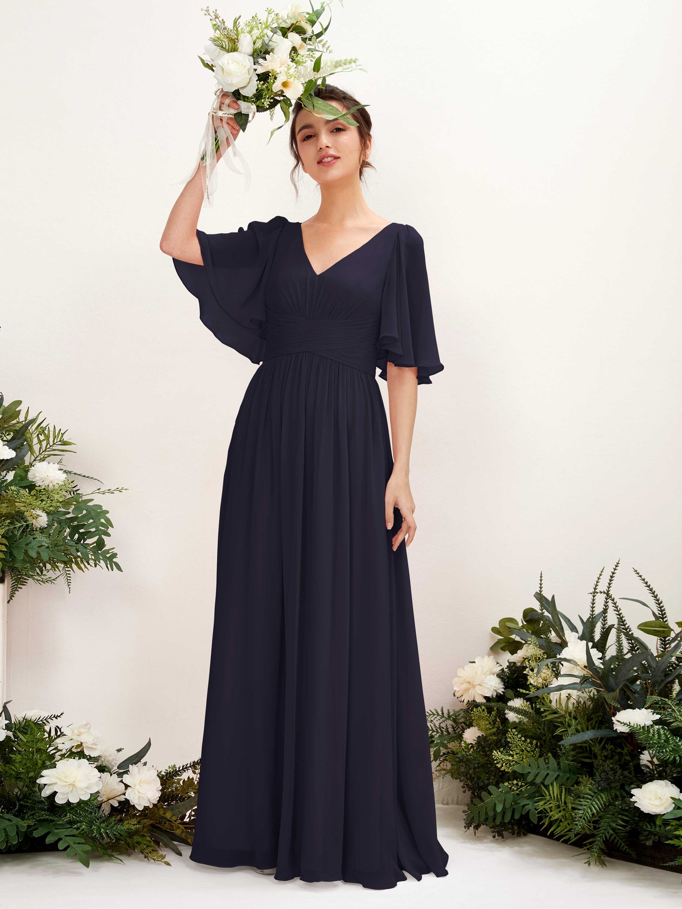 Carlyna A-Linien V-Ausschnitt Kurzarm Bodenlanges Chiffonkleid Dunkel Marineblau #farbe_dunkel-marineblau