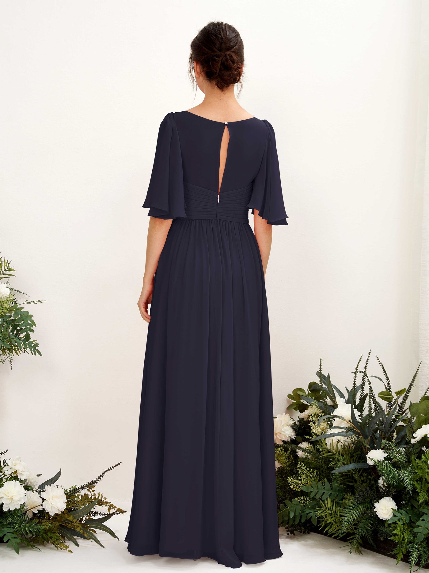 Carlyna A-Linien V-Ausschnitt Kurzarm Bodenlanges Chiffonkleid Dunkel Marineblau #farbe_dunkel-marineblau