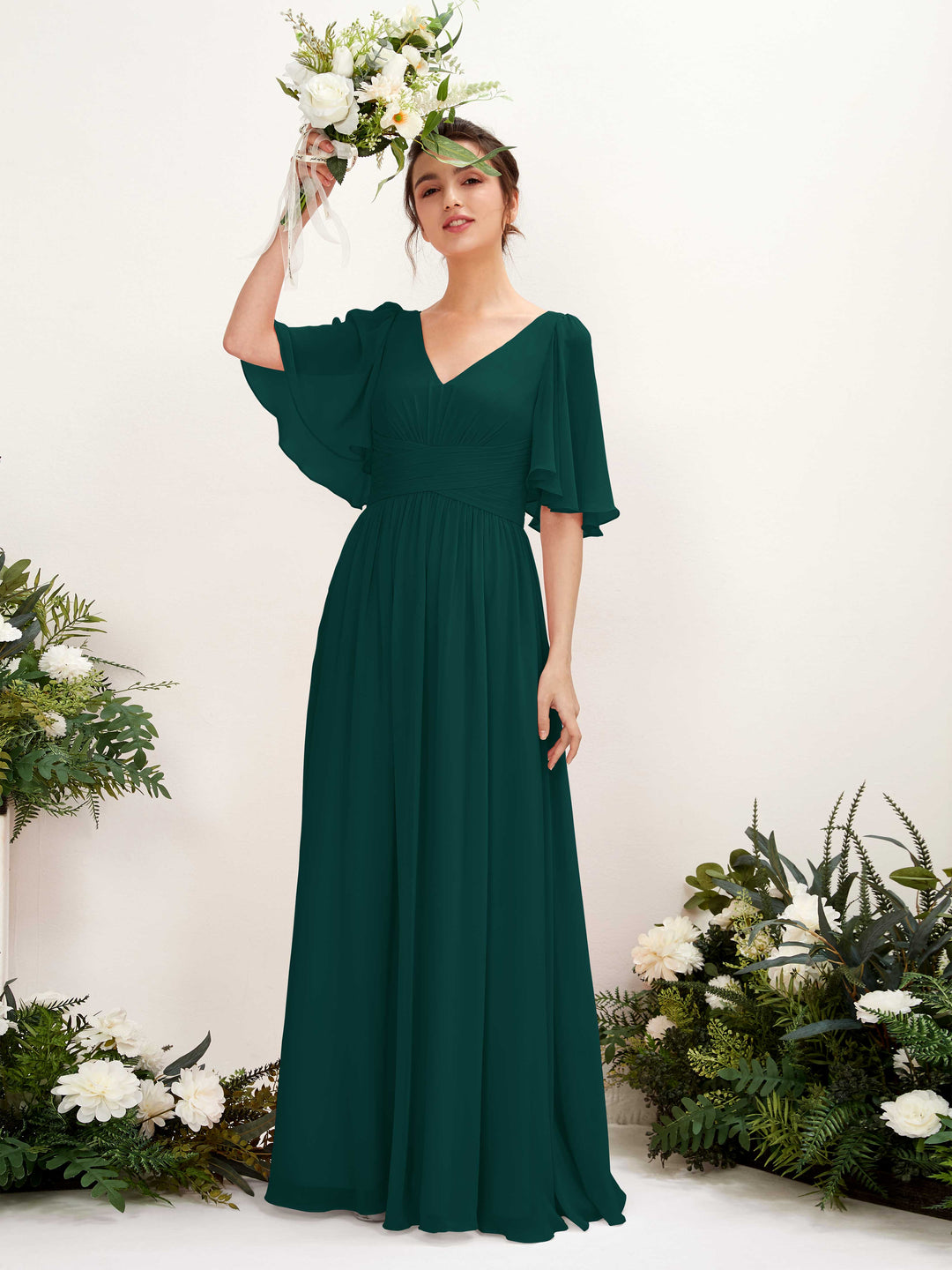 Carlyna A-Linien V-Ausschnitt Kurzarm Bodenlanges Chiffonkleid Dunkelsmaragd 