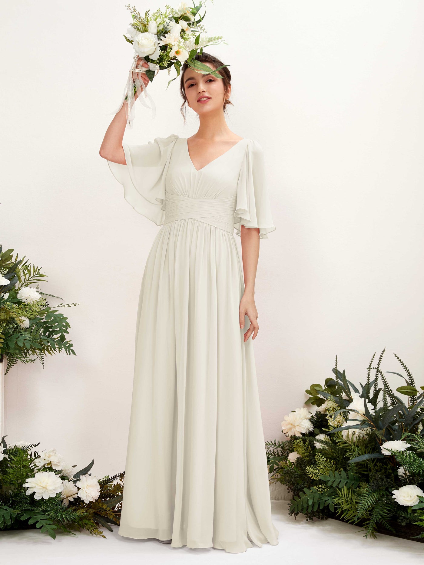 Carlyna A-Linien V-Ausschnitt Kurzarm Bodenlanges Chiffonkleid Elfenbein #farbe_elfenbein