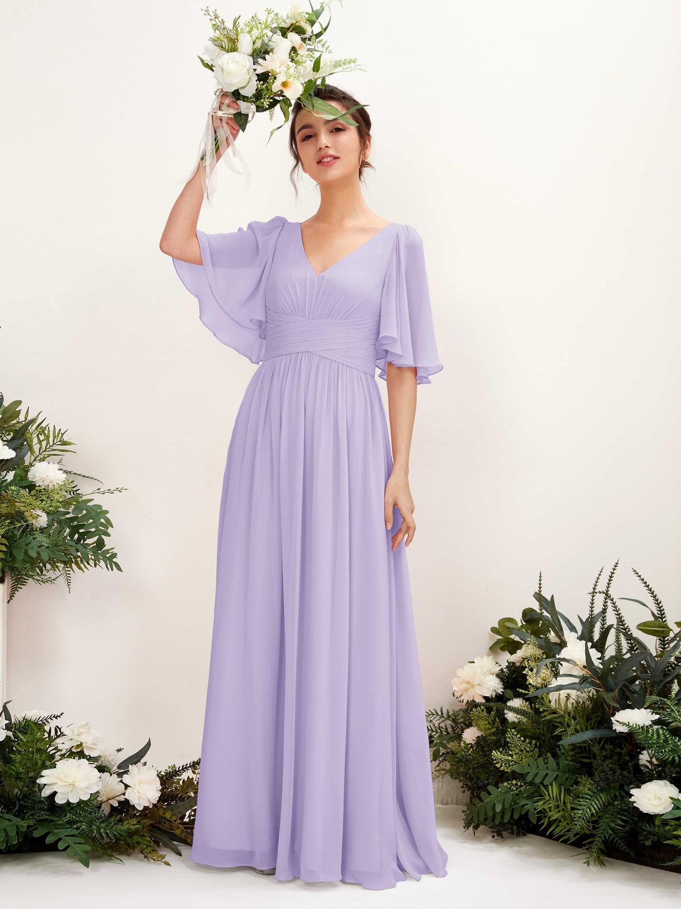 Carlyna A-Linien V-Ausschnitt Kurzarm Bodenlanges Chiffonkleid Flieder #farbe_flieder