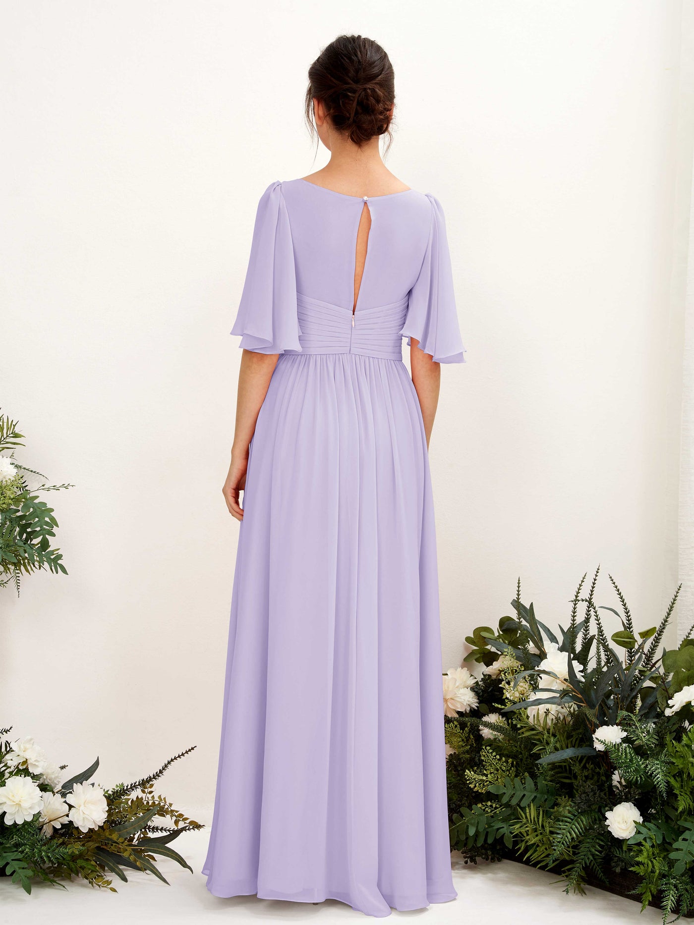 Carlyna A-Linien V-Ausschnitt Kurzarm Bodenlanges Chiffonkleid Flieder #farbe_flieder