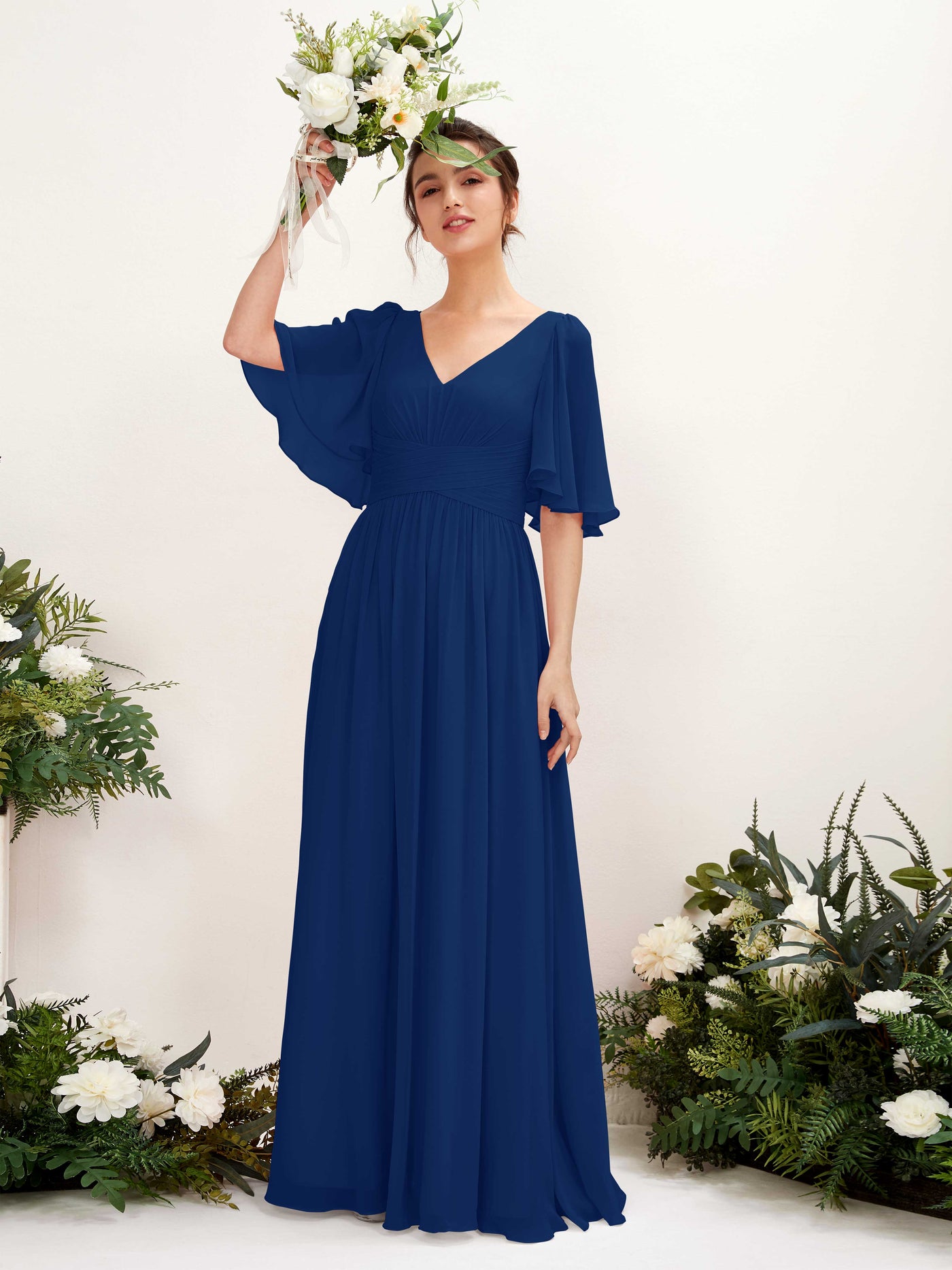 Carlyna A-Linien V-Ausschnitt Kurzarm Bodenlanges Chiffonkleid Königsblau #farbe_k-nigsblau
