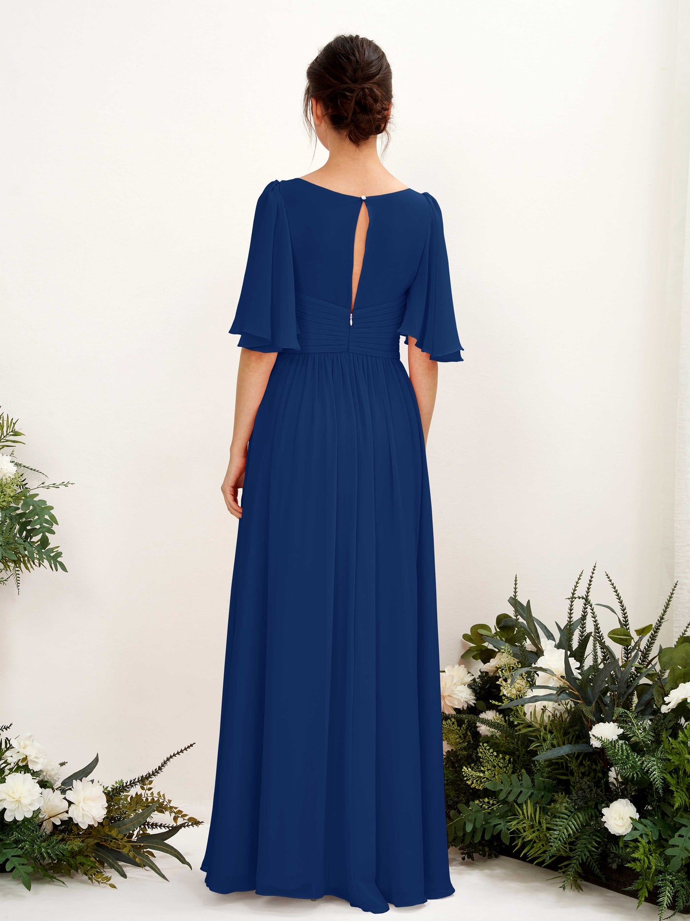 Carlyna A-Linien V-Ausschnitt Kurzarm Bodenlanges Chiffonkleid Königsblau #farbe_k-nigsblau