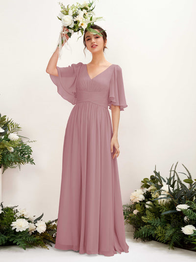Carlyna A-Linien V-Ausschnitt Kurzarm Bodenlanges Chiffonkleid Klassisch Mauve #farbe_klassisch-mauve