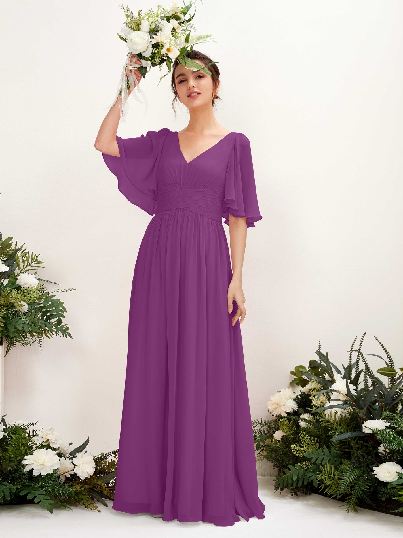 Carlyna A-Linien V-Ausschnitt Kurzarm Bodenlanges Chiffonkleid Lila #farbe_lila