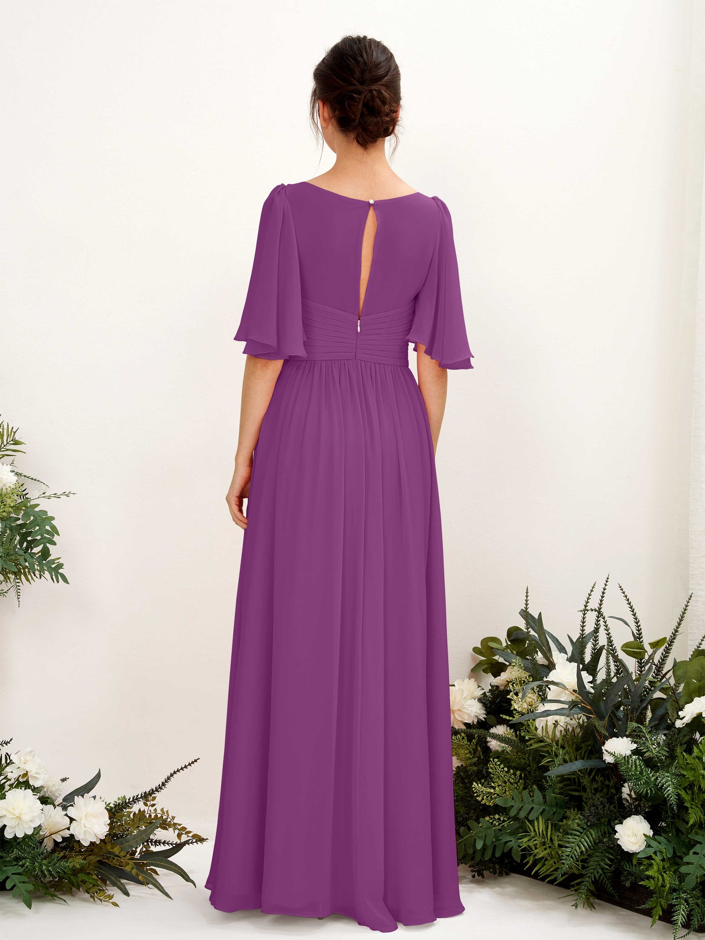 Carlyna A-Linien V-Ausschnitt Kurzarm Bodenlanges Chiffonkleid Lila #farbe_lila
