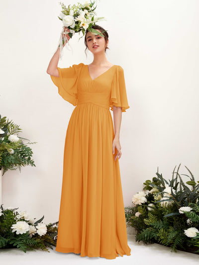 Carlyna A-Linien V-Ausschnitt Kurzarm Bodenlanges Chiffonkleid Mango #farbe_mango