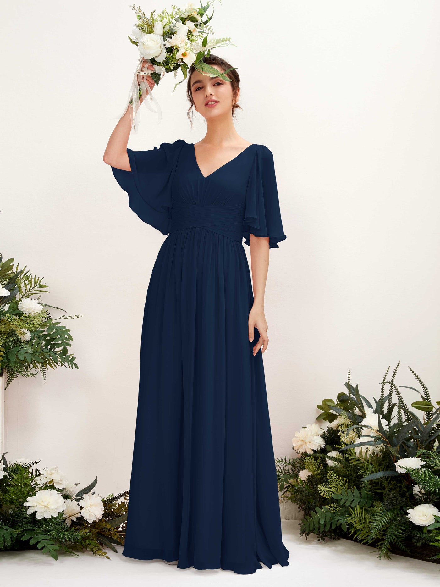Carlyna A-Linien V-Ausschnitt Kurzarm Bodenlanges Chiffonkleid Marineblau #farbe_marineblau