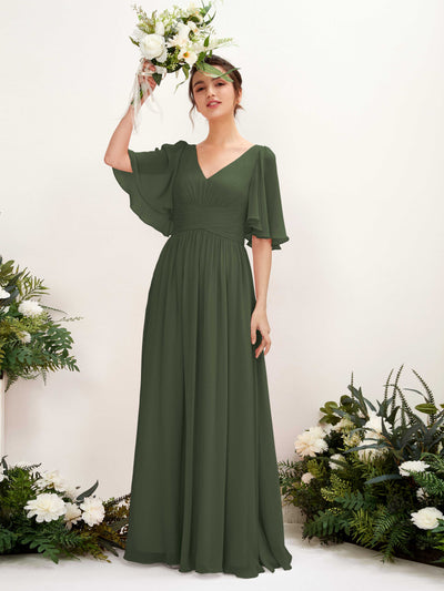Carlyna A-Linien V-Ausschnitt Kurzarm Bodenlanges Chiffonkleid Martini-Olive #farbe_martini-olive