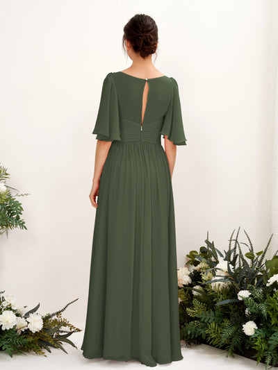 Carlyna A-Linien V-Ausschnitt Kurzarm Bodenlanges Chiffonkleid Martini-Olive #farbe_martini-olive