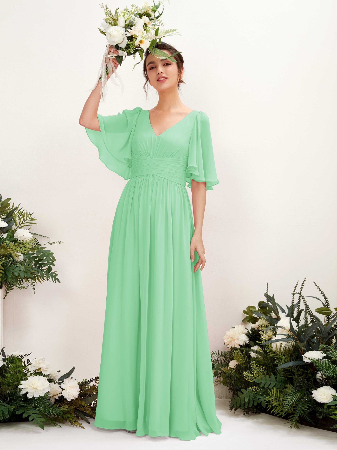 Carlyna A-Linien V-Ausschnitt Kurzarm Bodenlanges Chiffonkleid Minzgrün #farbe_minzgr-n