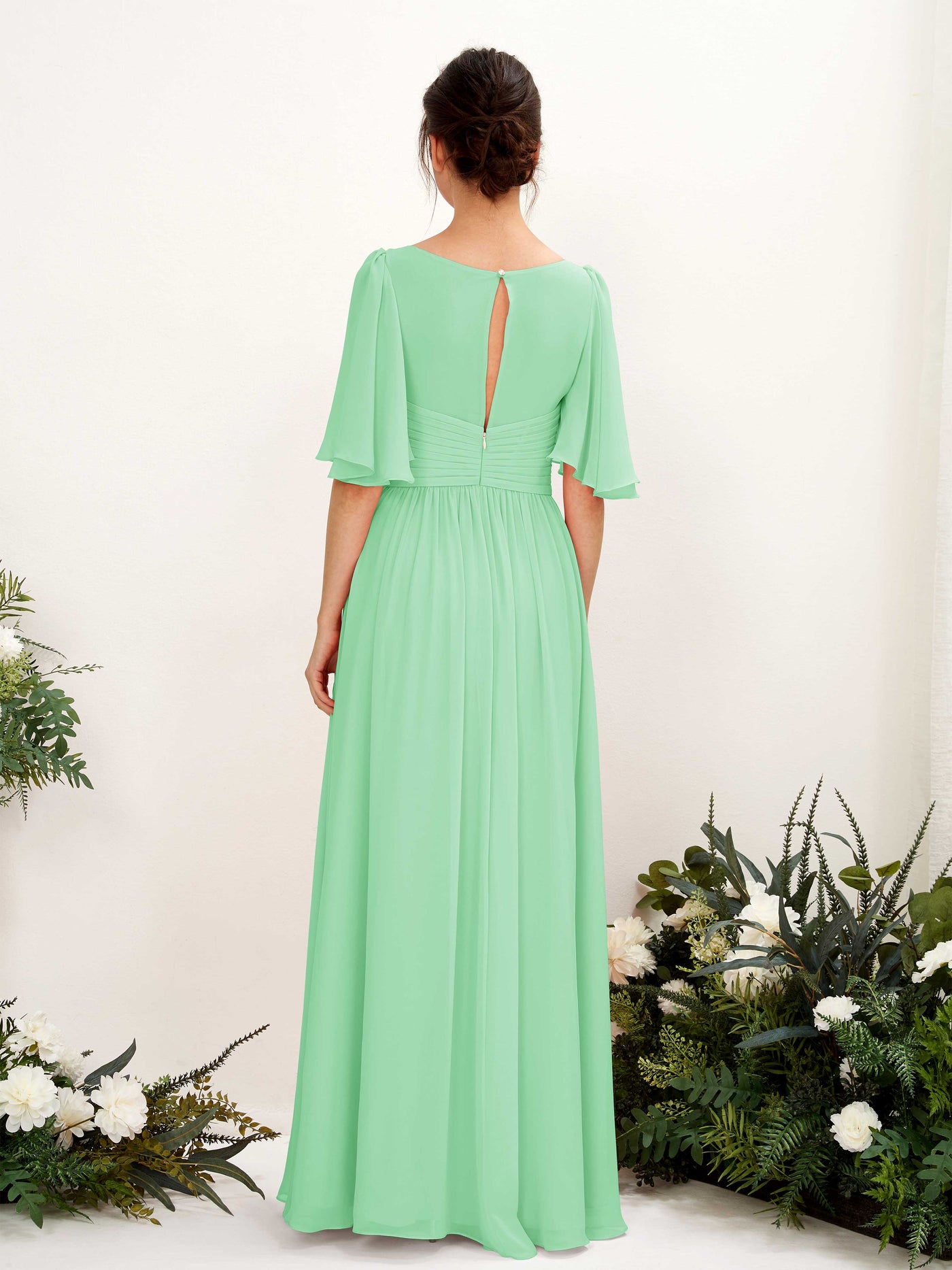 Carlyna A-Linien V-Ausschnitt Kurzarm Bodenlanges Chiffonkleid Minzgrün #farbe_minzgr-n