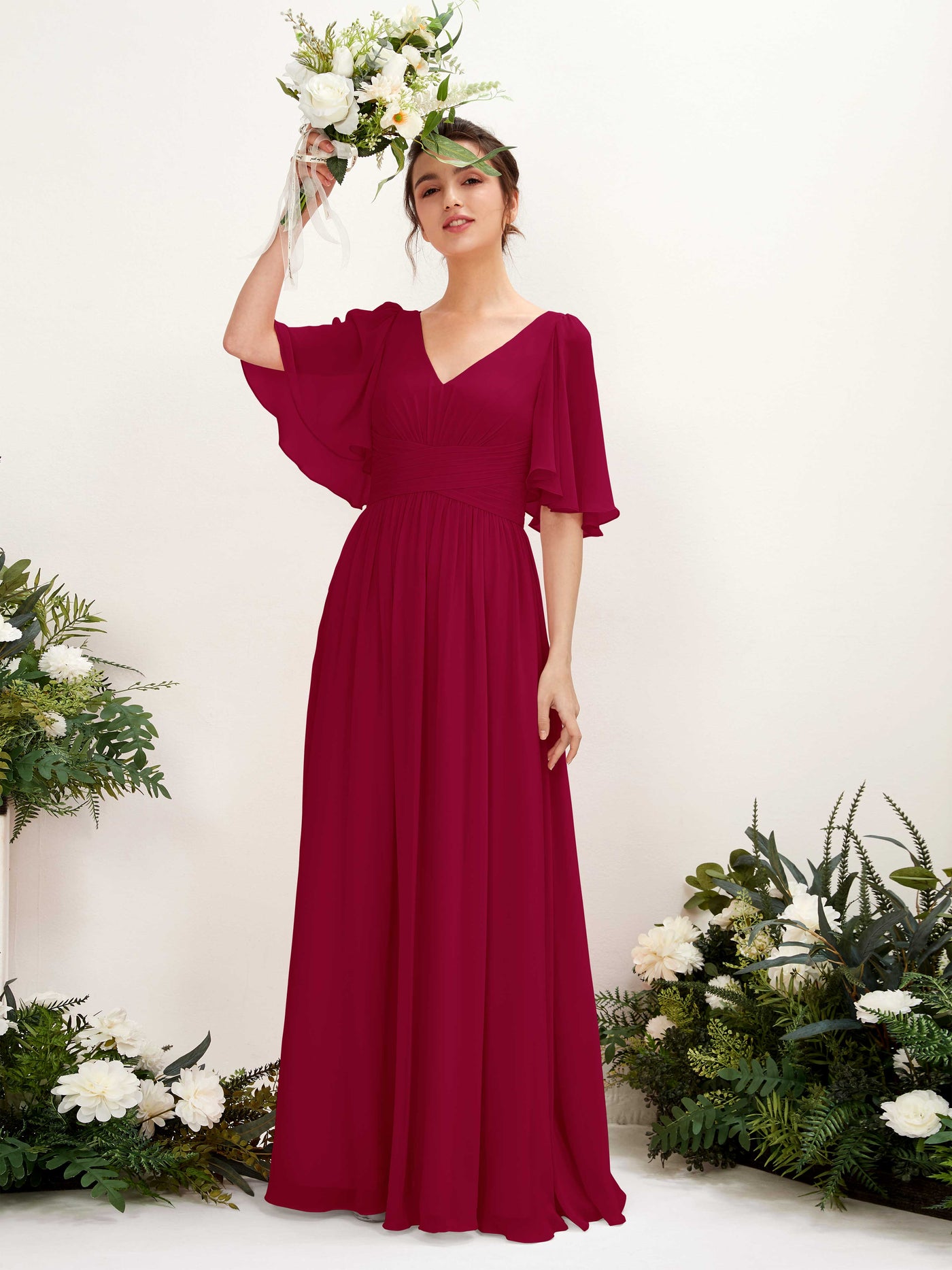 Carlyna A-Linien V-Ausschnitt Kurzarm Bodenlanges Chiffonkleid Narrenrot #farbe_narrenrot
