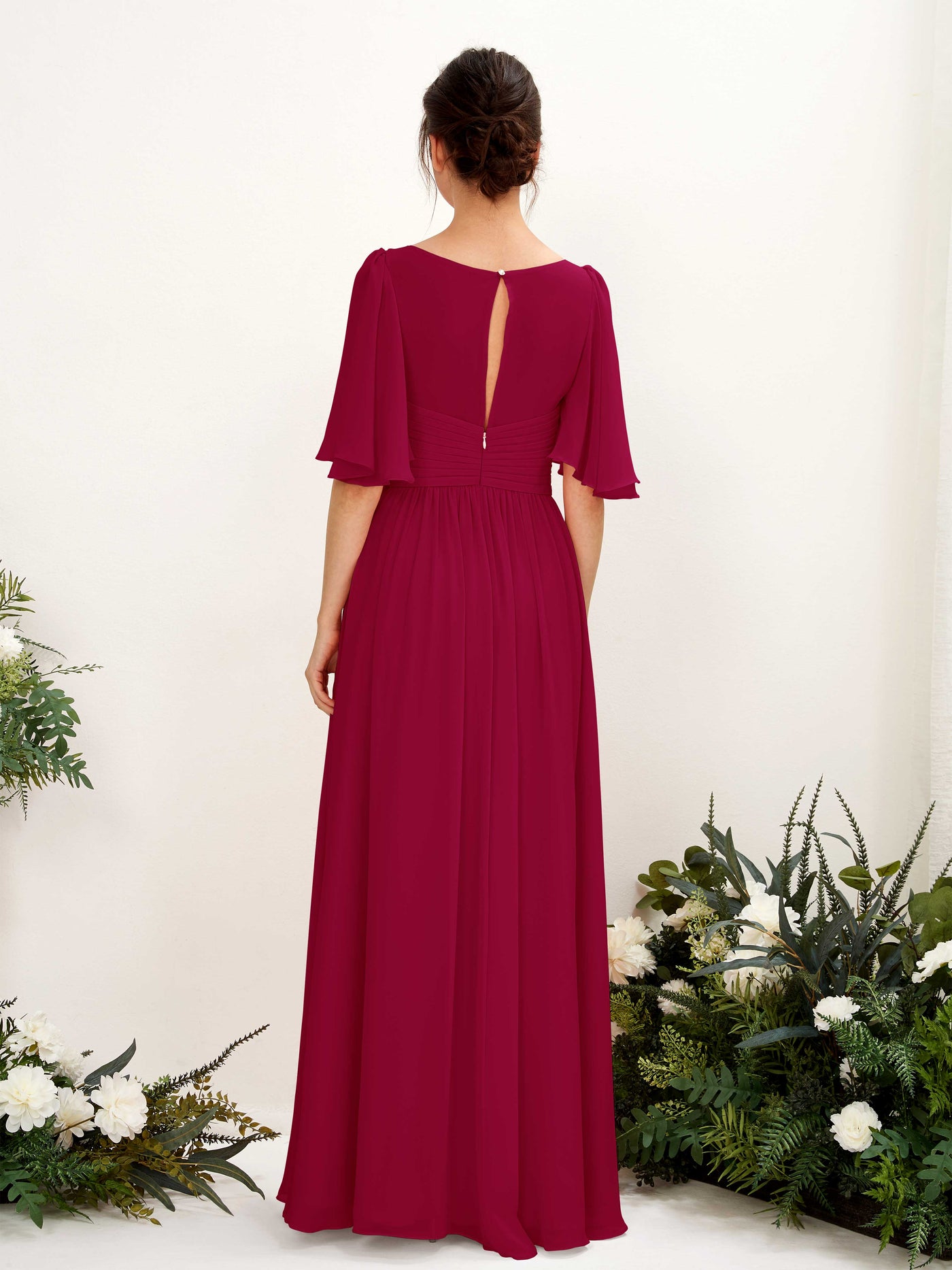 Carlyna A-Linien V-Ausschnitt Kurzarm Bodenlanges Chiffonkleid Narrenrot #farbe_narrenrot