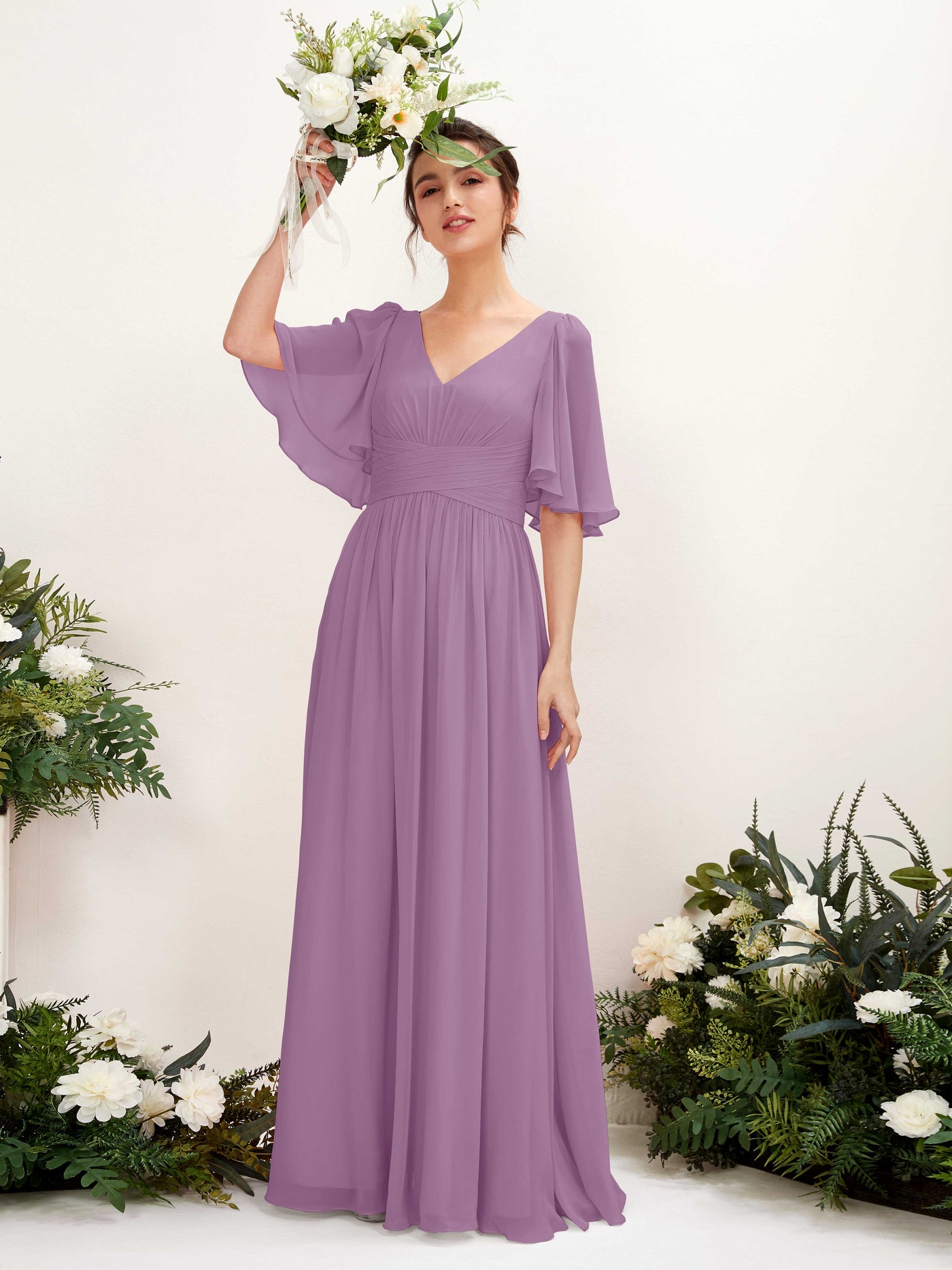 Carlyna A-Linien V-Ausschnitt Kurzarm Bodenlanges Chiffonkleid Orchideen-Nebel #farbe_orchideen-nebel