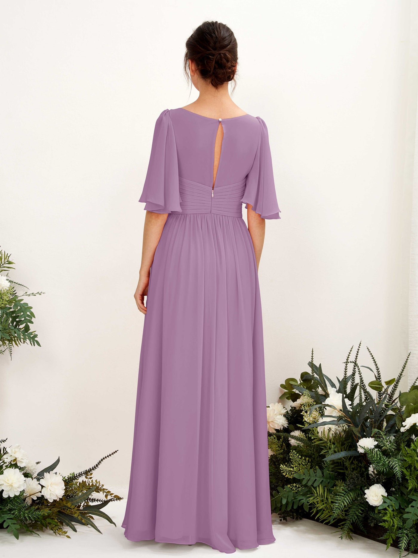 Carlyna A-Linien V-Ausschnitt Kurzarm Bodenlanges Chiffonkleid Orchideen-Nebel #farbe_orchideen-nebel