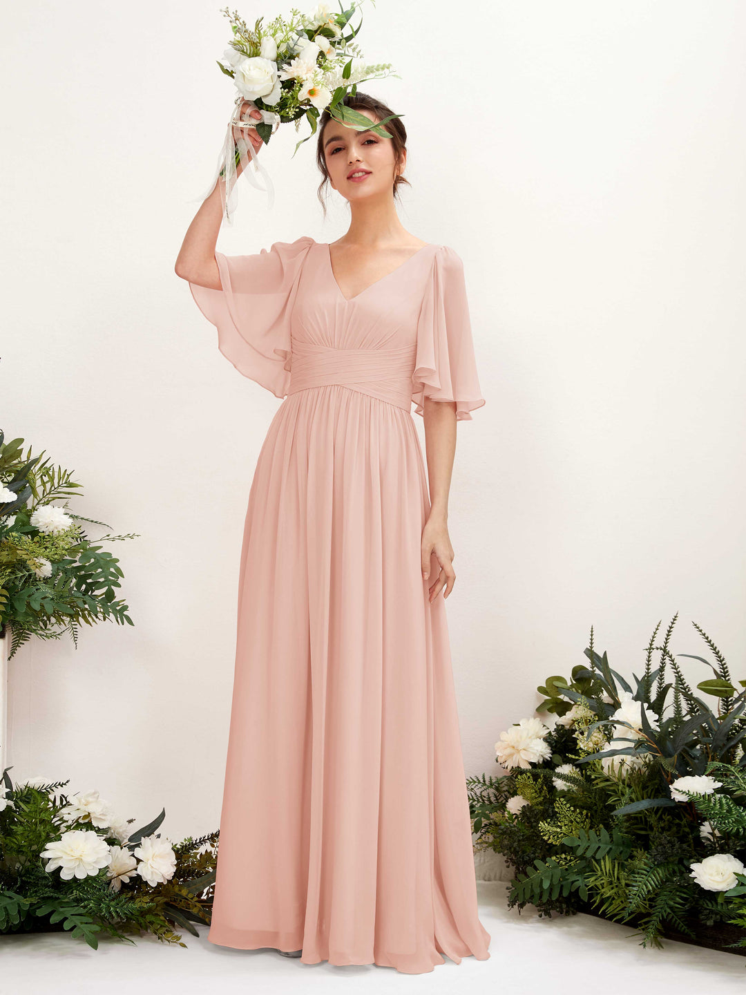 Carlyna A-Linien V-Ausschnitt Kurzarm Bodenlanges Chiffonkleid Perlrosa 