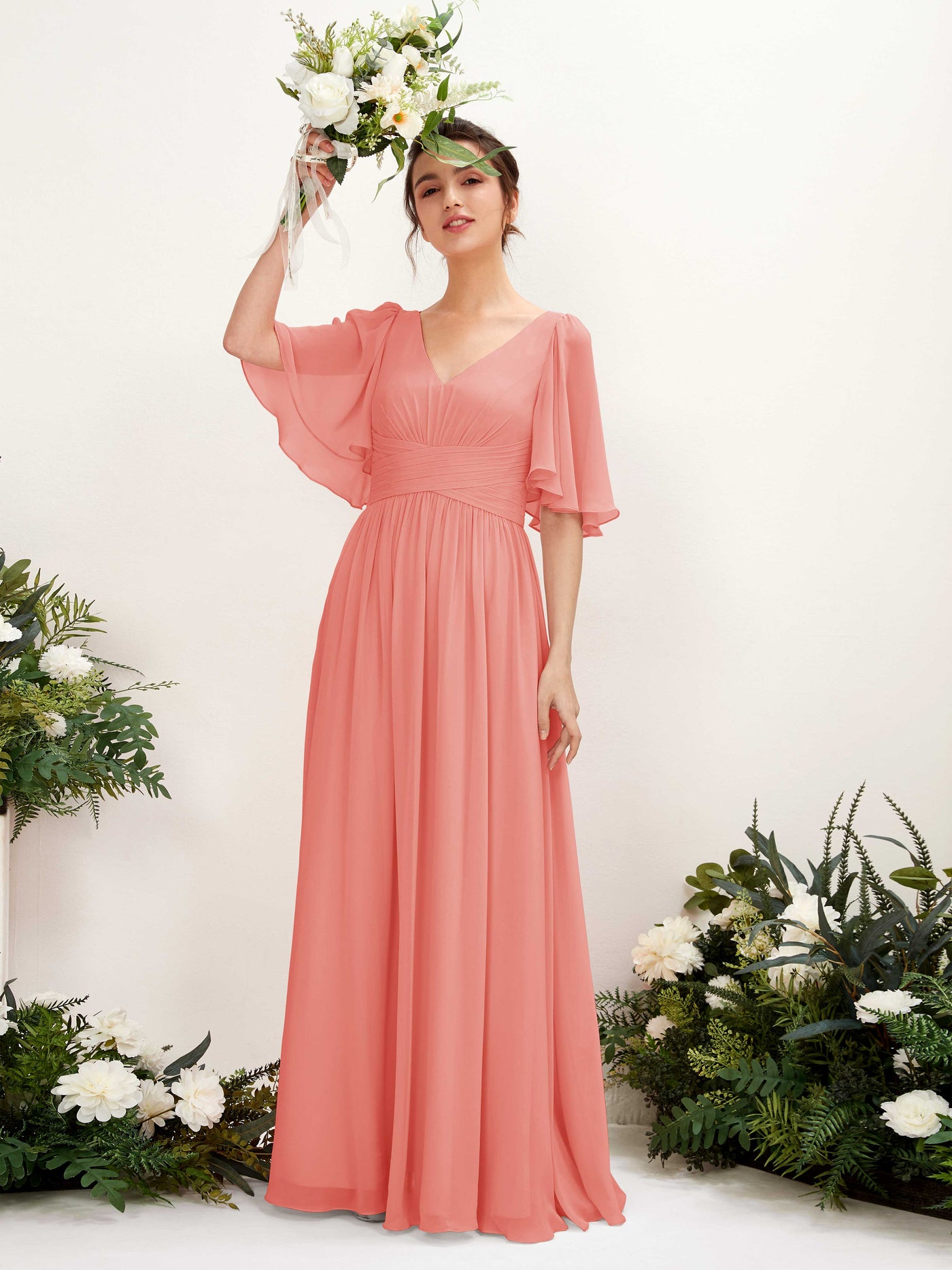 Carlyna A-Linien V-Ausschnitt Kurzarm Bodenlanges Chiffonkleid Pfirsichrosa #farbe_pfirsichrosa