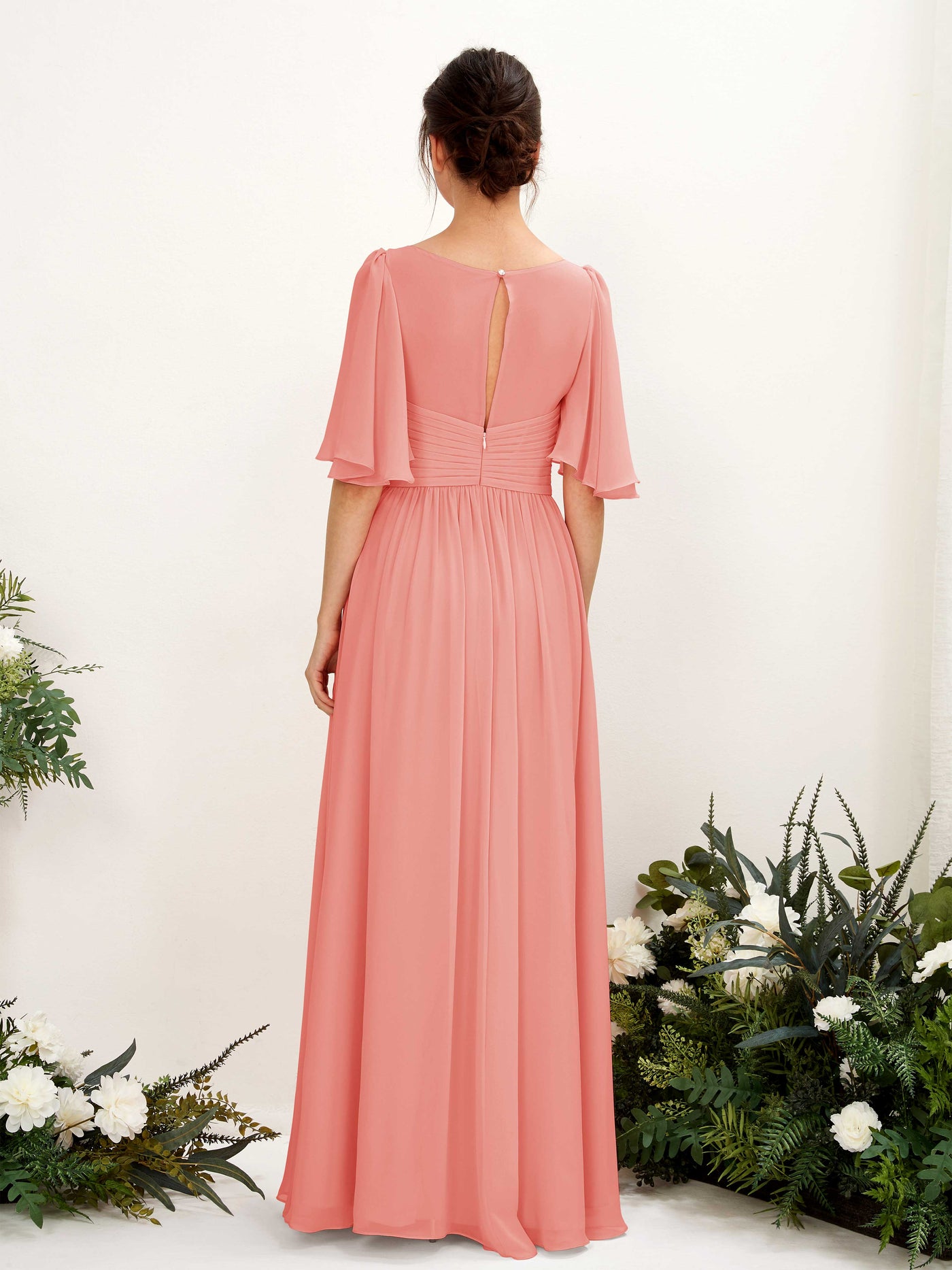 Carlyna A-Linien V-Ausschnitt Kurzarm Bodenlanges Chiffonkleid Pfirsichrosa #farbe_pfirsichrosa