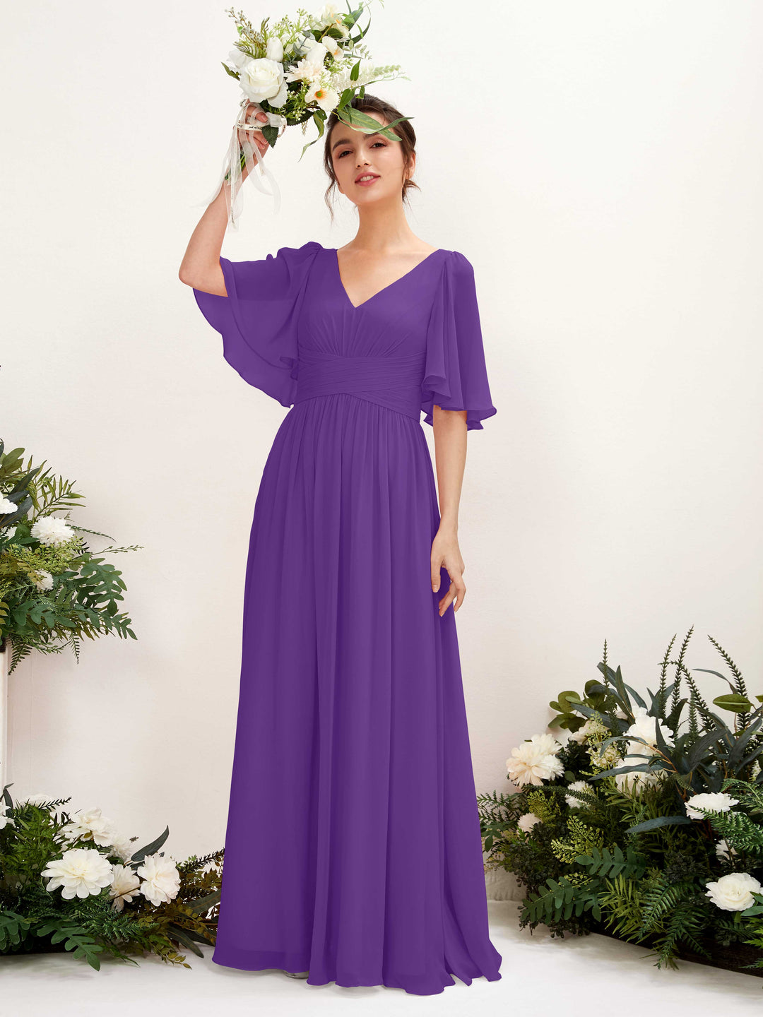 Carlyna A-Linien V-Ausschnitt Kurzarm Bodenlanges Chiffonkleid Regency 