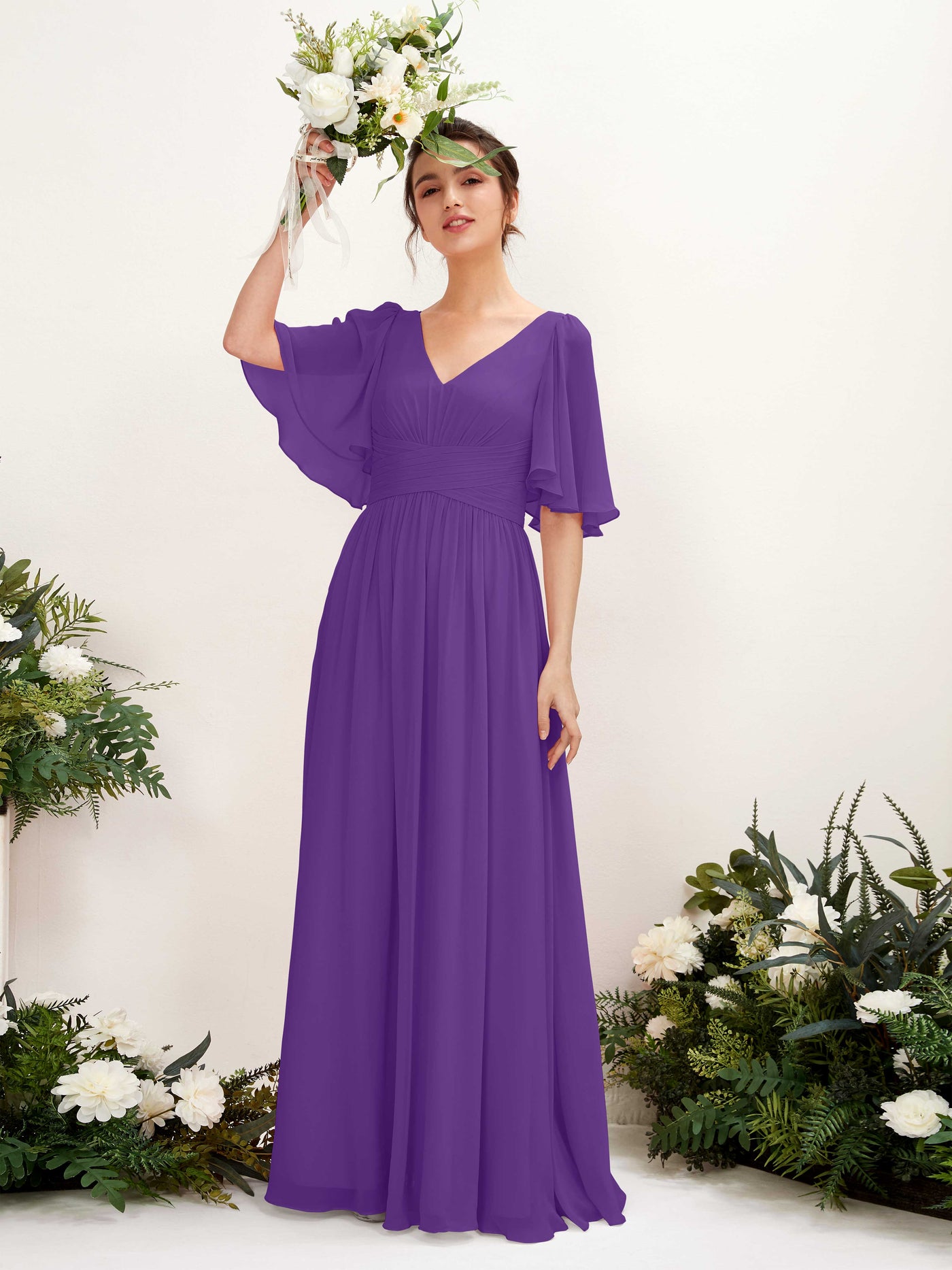 Carlyna A-Linien V-Ausschnitt Kurzarm Bodenlanges Chiffonkleid Regency #farbe_regency