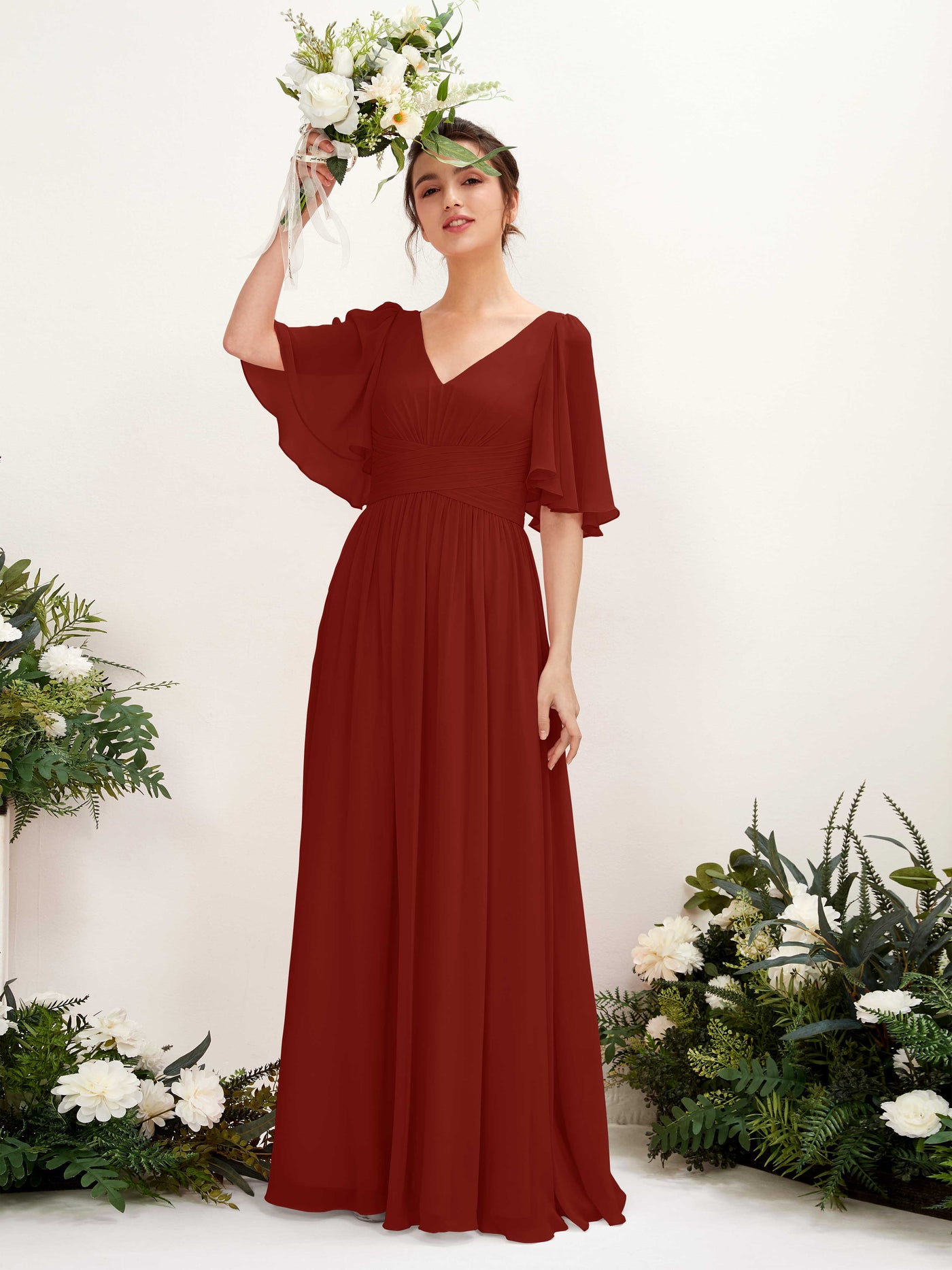 Carlyna A-Linien V-Ausschnitt Kurzarm Bodenlanges Chiffonkleid Rostrot #farbe_rostrot