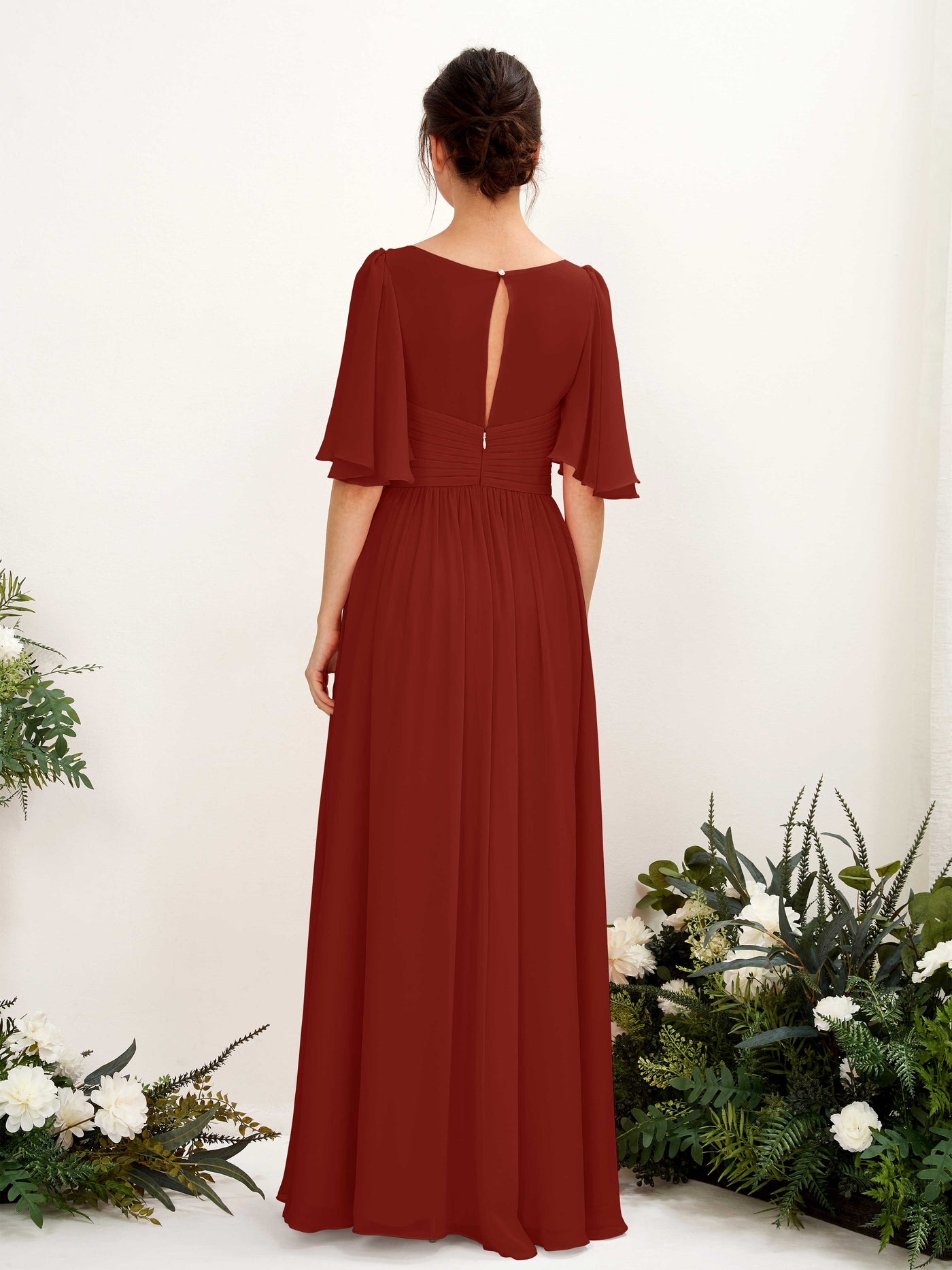 Carlyna A-Linien V-Ausschnitt Kurzarm Bodenlanges Chiffonkleid Rostrot #farbe_rostrot