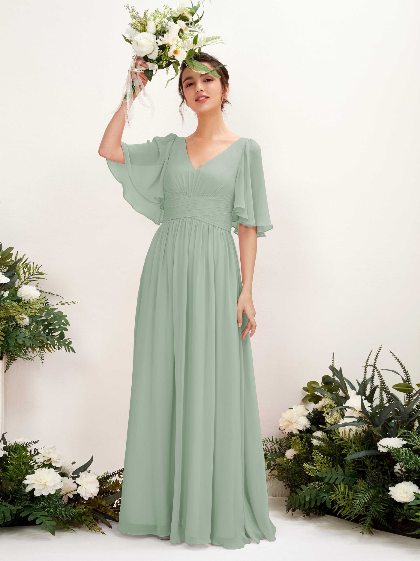 Carlyna A-Linien V-Ausschnitt Kurzarm Bodenlanges Chiffonkleid Salbeigrün #farbe_salbeigr-n