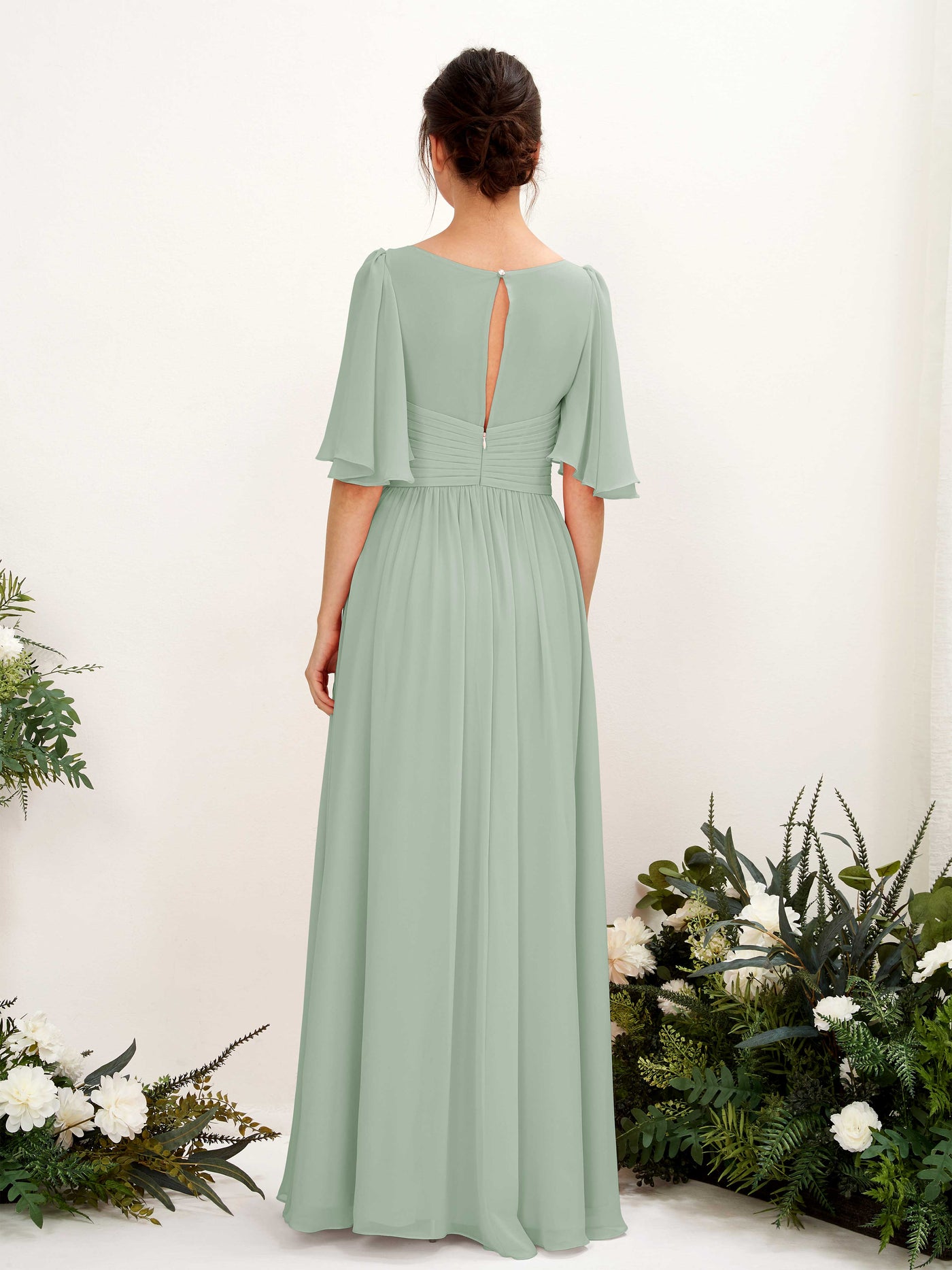 Carlyna A-Linien V-Ausschnitt Kurzarm Bodenlanges Chiffonkleid Salbeigrün #farbe_salbeigr-n