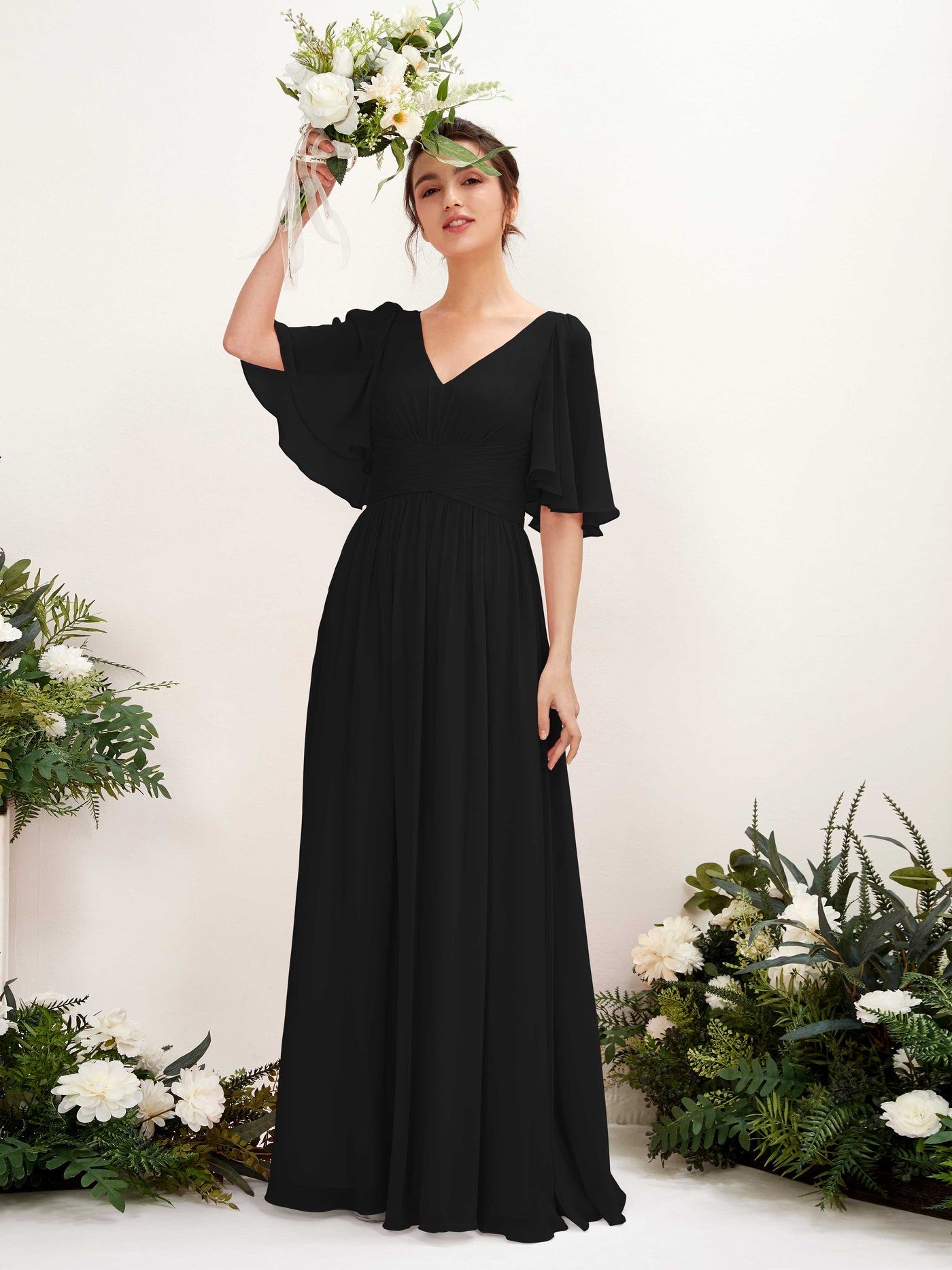 Carlyna A-Linien V-Ausschnitt Kurzarm Bodenlanges Chiffonkleid Schwarz #farbe_schwarz