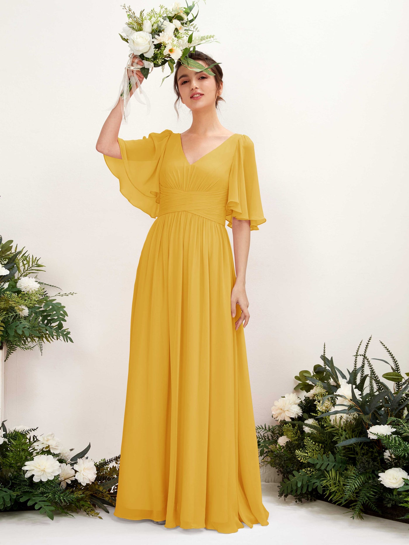 Carlyna A-Linien V-Ausschnitt Kurzarm Bodenlanges Chiffonkleid Senfgelb #farbe_senfgelb