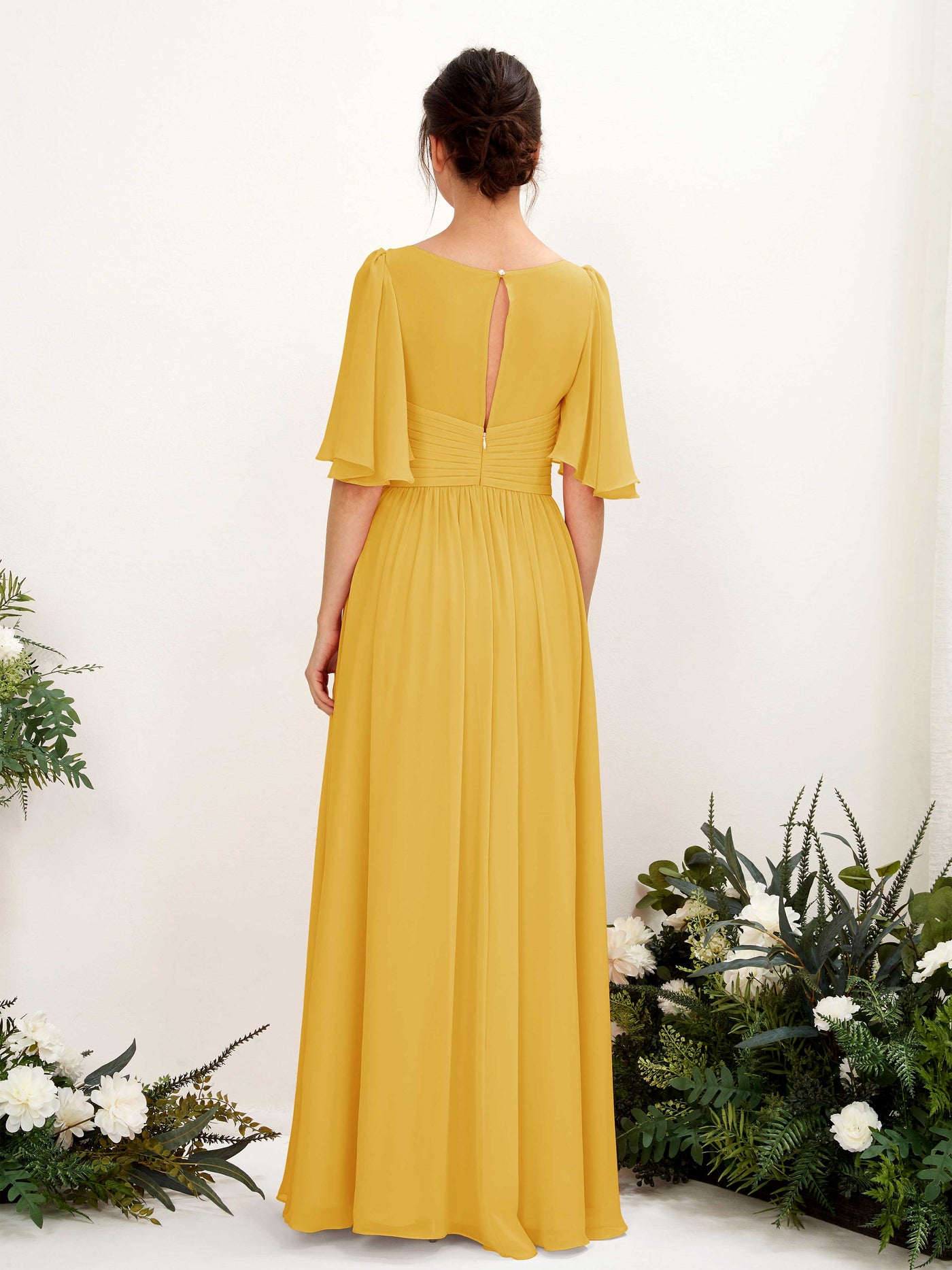 Carlyna A-Linien V-Ausschnitt Kurzarm Bodenlanges Chiffonkleid Senfgelb #farbe_senfgelb