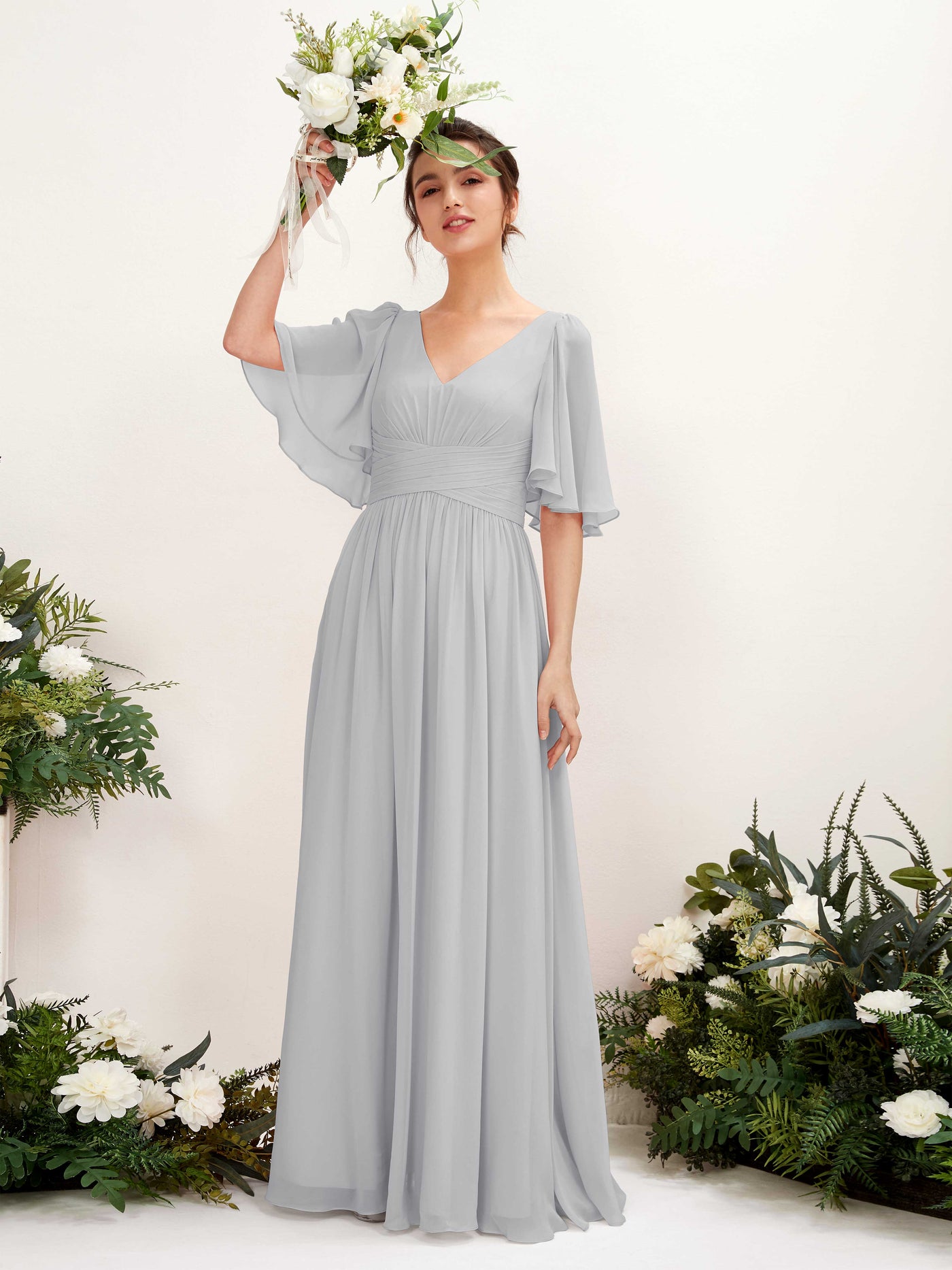 Carlyna A-Linien V-Ausschnitt Kurzarm Bodenlanges Chiffonkleid Silber #farbe_silber