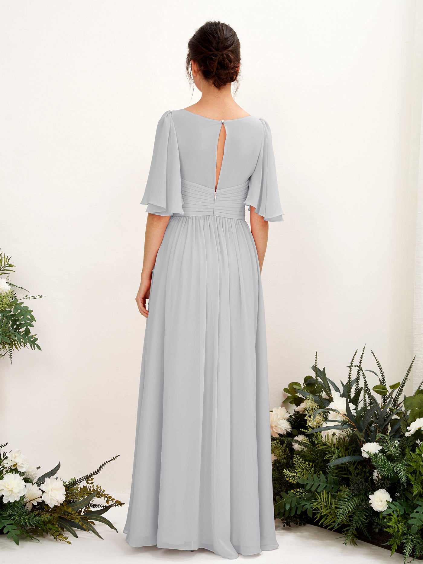 Carlyna A-Linien V-Ausschnitt Kurzarm Bodenlanges Chiffonkleid Silber #farbe_silber